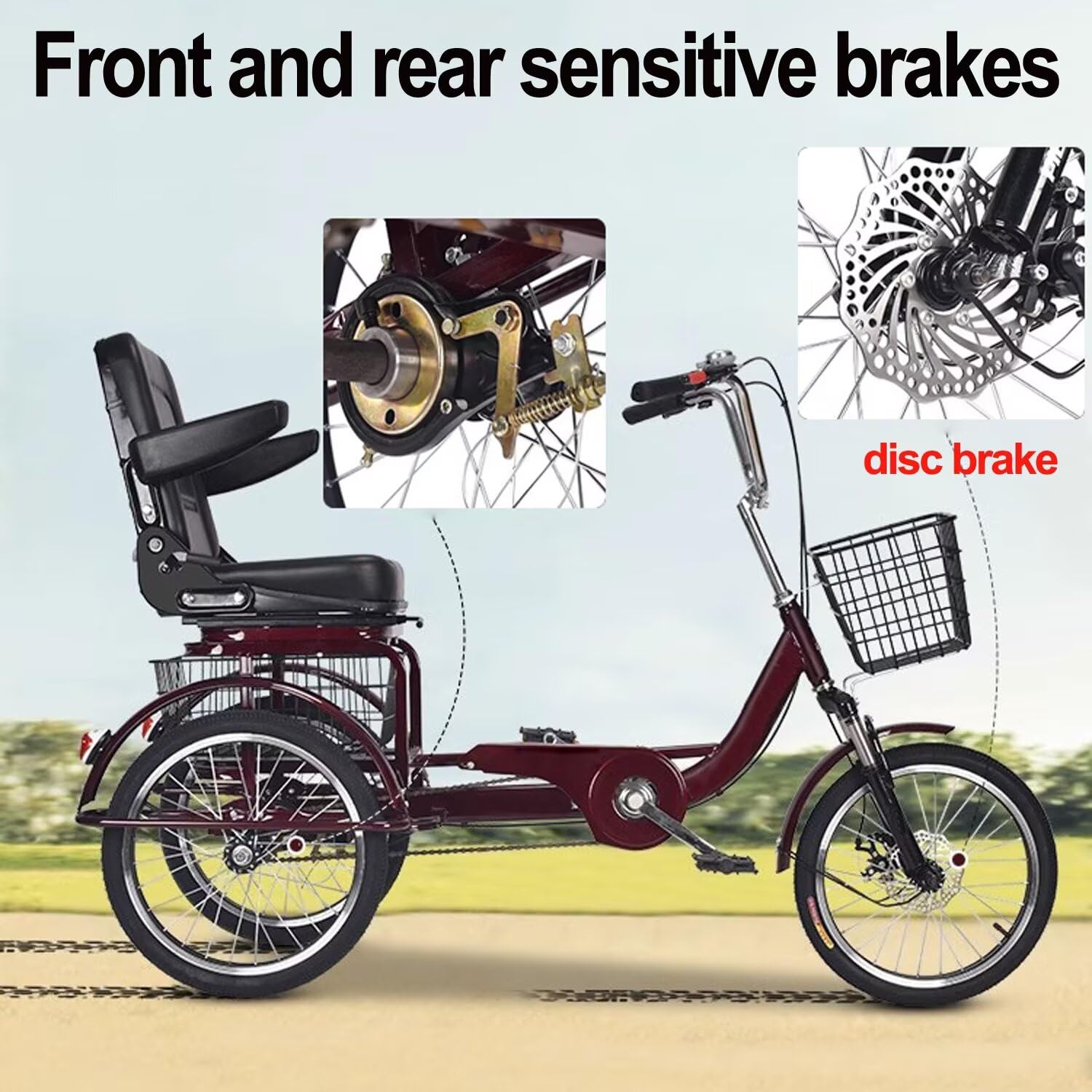 Triciclo para adultos con asiento ajustable y respaldo plegable, horquilla delantera hidráulica para un paseo suave, ideal para ocio y ejercicio