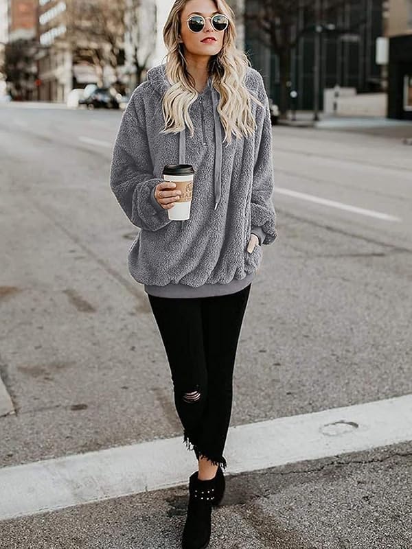 Century Star Womens Fuzzy Hoodies Pullover Sport Hoodie Cozy Oversized Pockets Hooded Sweatshirt Athletic Fleece Hoodies Grey Large image 2