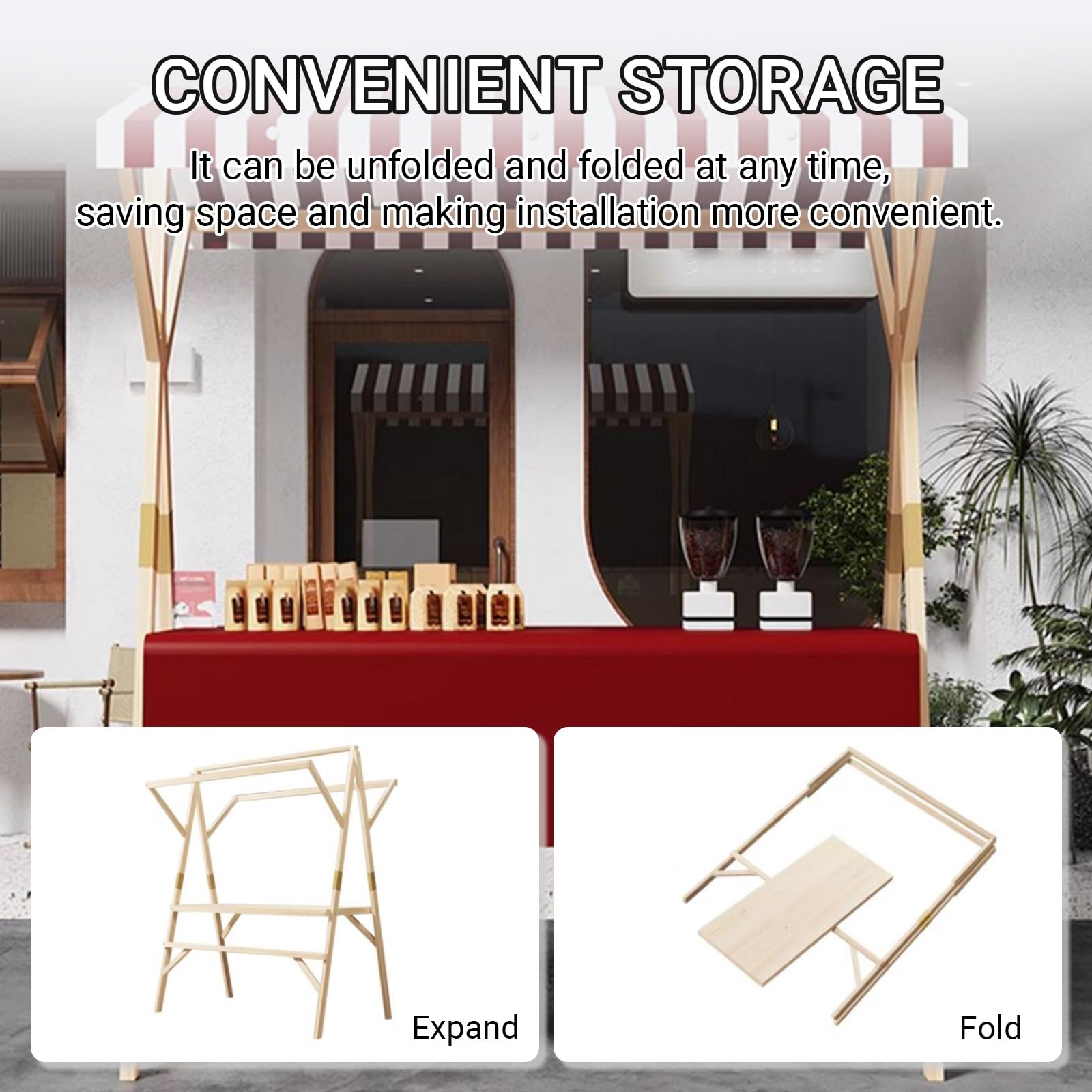 Faltbarer Holzstand Mit Gestreiftem Dach Für Snacks, Mobiler Verkaufsstand Für Lebensmittel, Leichter Marktstand Für Bauernmärkte, Straßenfeste Und Outdoor-Events