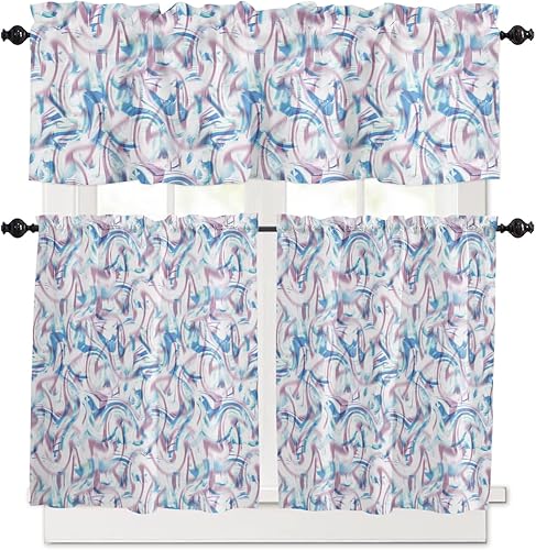 Abstract Art 3 PCS Kitchen Curtains Tiers and Valances Set, Light Filtering Rod Pocket Kitchen Window Curtain Set for Living Room 2 Panels