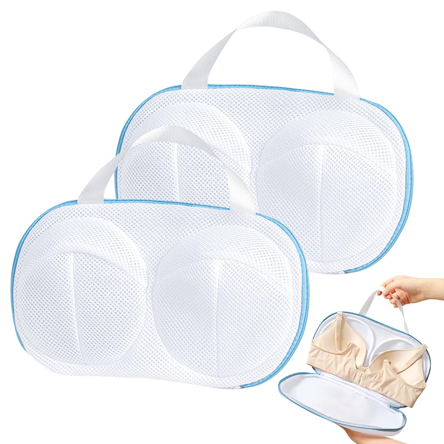 2 Sacchetti Per Lavaggio Reggiseni In Rete Fine – Protettivi Per Lingerie In Lavatrice, Per Capi Delicati (Coppe A-C), Grigio/Blu