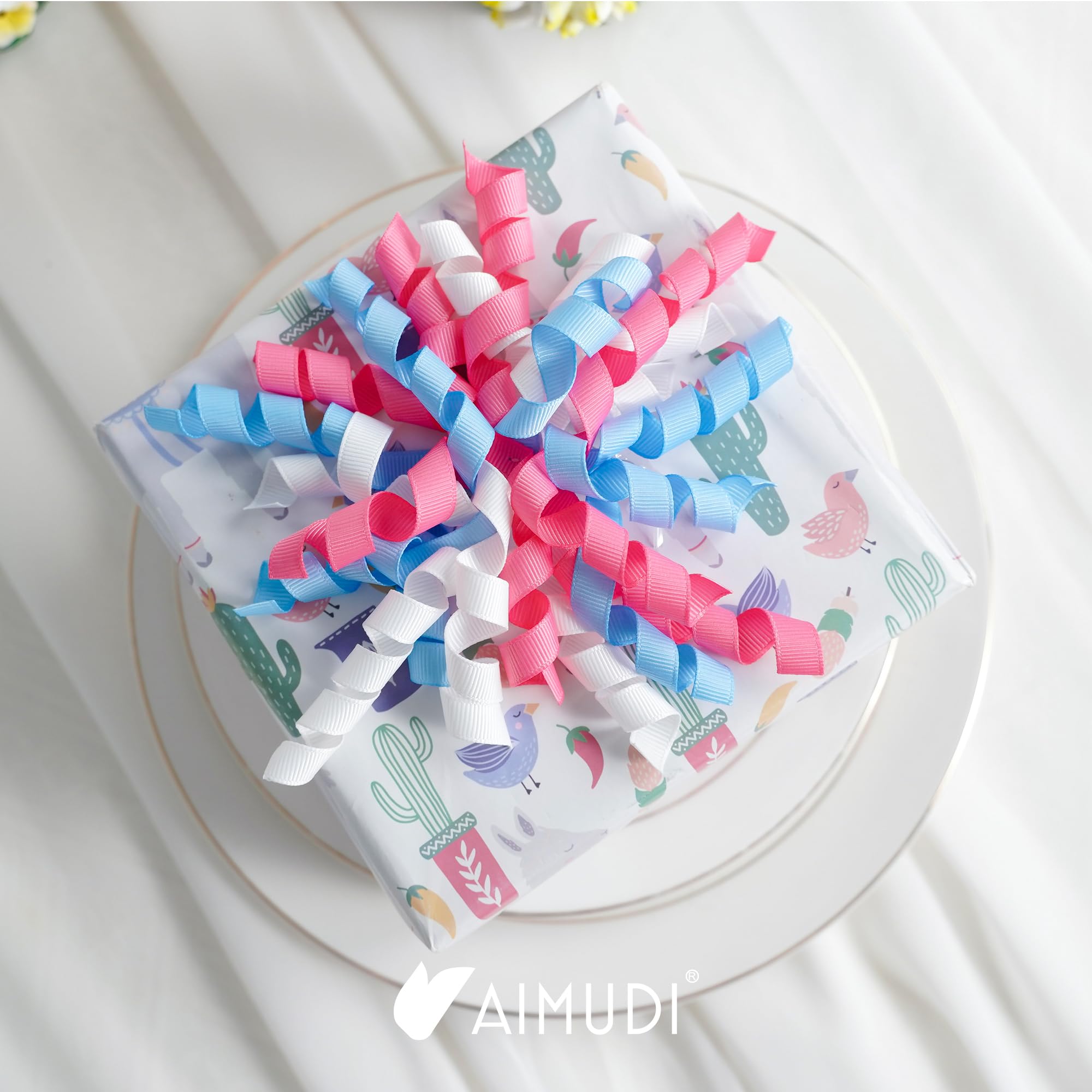 AIMUDI Różowe i niebieskie kręcone kokardki, 10 cm, ujawnienie płci, kokardki prezentowe, samoprzylepne, kokardki na baby shower, do pakowania prezentów, wstążka rypsowa, kokardki do torebek na