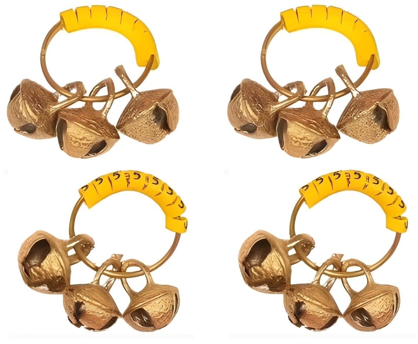 Yellow Rubber Kadi Brass Ghungroos (3) Bhajan Clapping Finger Ring for Unsiex Adult Gifting Small Bells For Lord Godess God Ganapati Pooja Aarti Ganesh Pooja Celebration (Set Of 4_one size)
