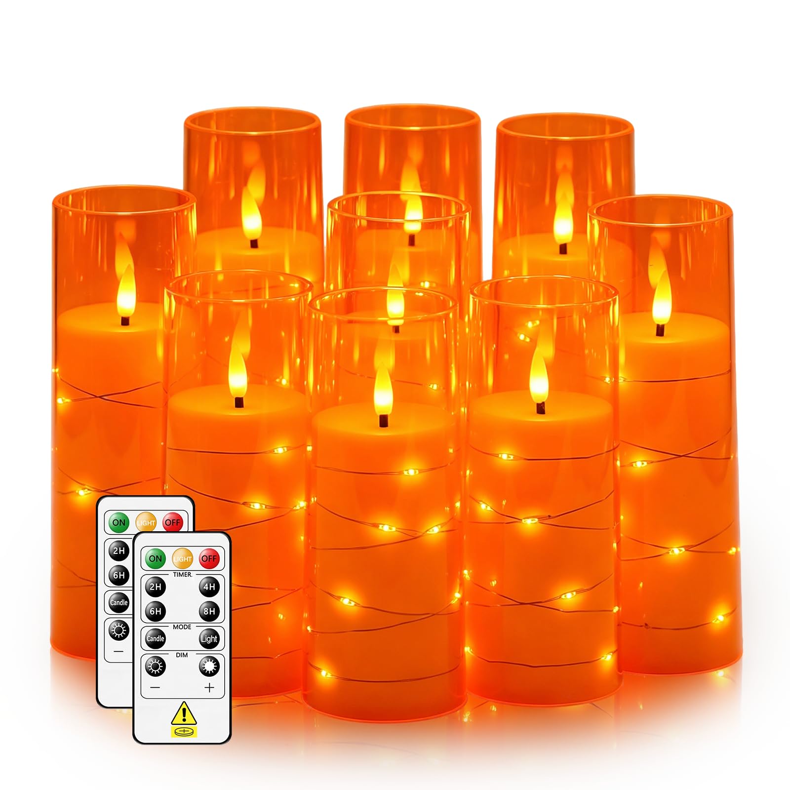 Nimiko Flickering Flameless LED Candles,Battery Operated Candles 9 Pcs with Embedded Star String,Acrylic LED Pillar Candles with Remote,Suitable for Home Decoration to Create an Atmosphere (Orange)