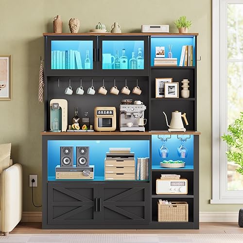 Miniatura 8 de Itaar Armario de barra de café de 45.3 pulgadas, estante para panaderos con toma de corriente y almacenamiento, soporte para microondas de granja