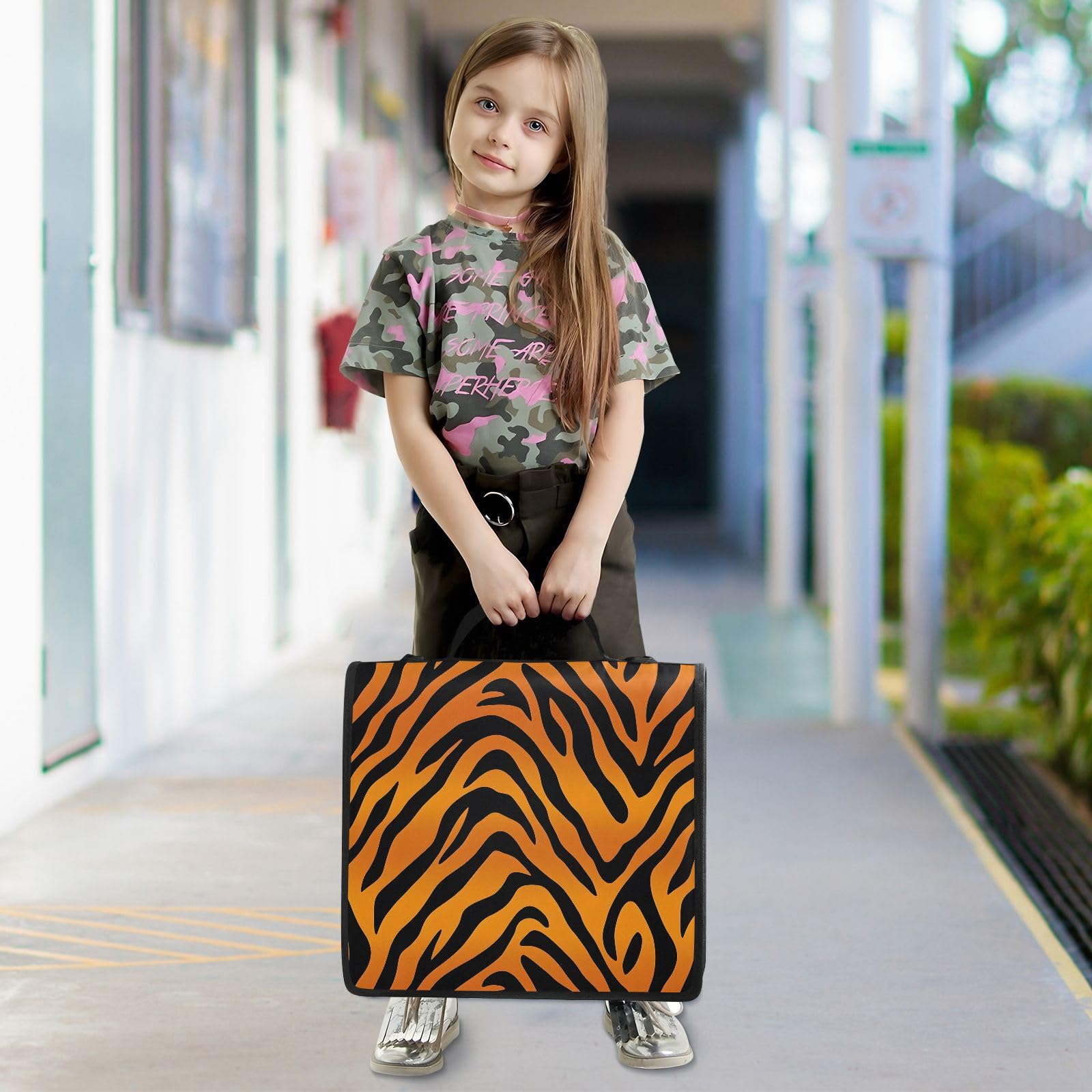 Raccoglitore a 3 anelli con cerniera con stampa tigrata, borsa con tracolla, 500 fogli, organizer per carta, raccoglitore per documenti, per scuola e ufficio