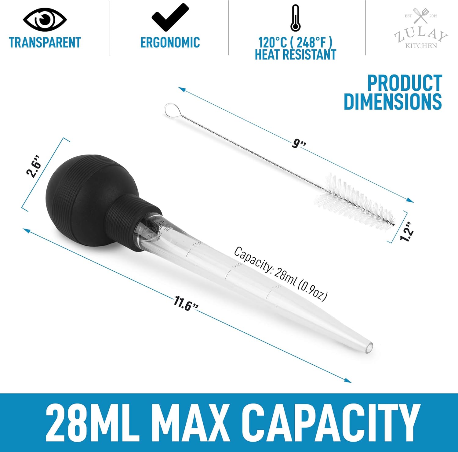 Zulay (Large) Turkey Baster With Cleaning Brush - Food Grade Syringe Baster For Cooking & Basting With Detachable Round Bulb - Ideal For Butter Drippings, Glazes, Roasting Juices for Poultry, and More: Home & Kitchen