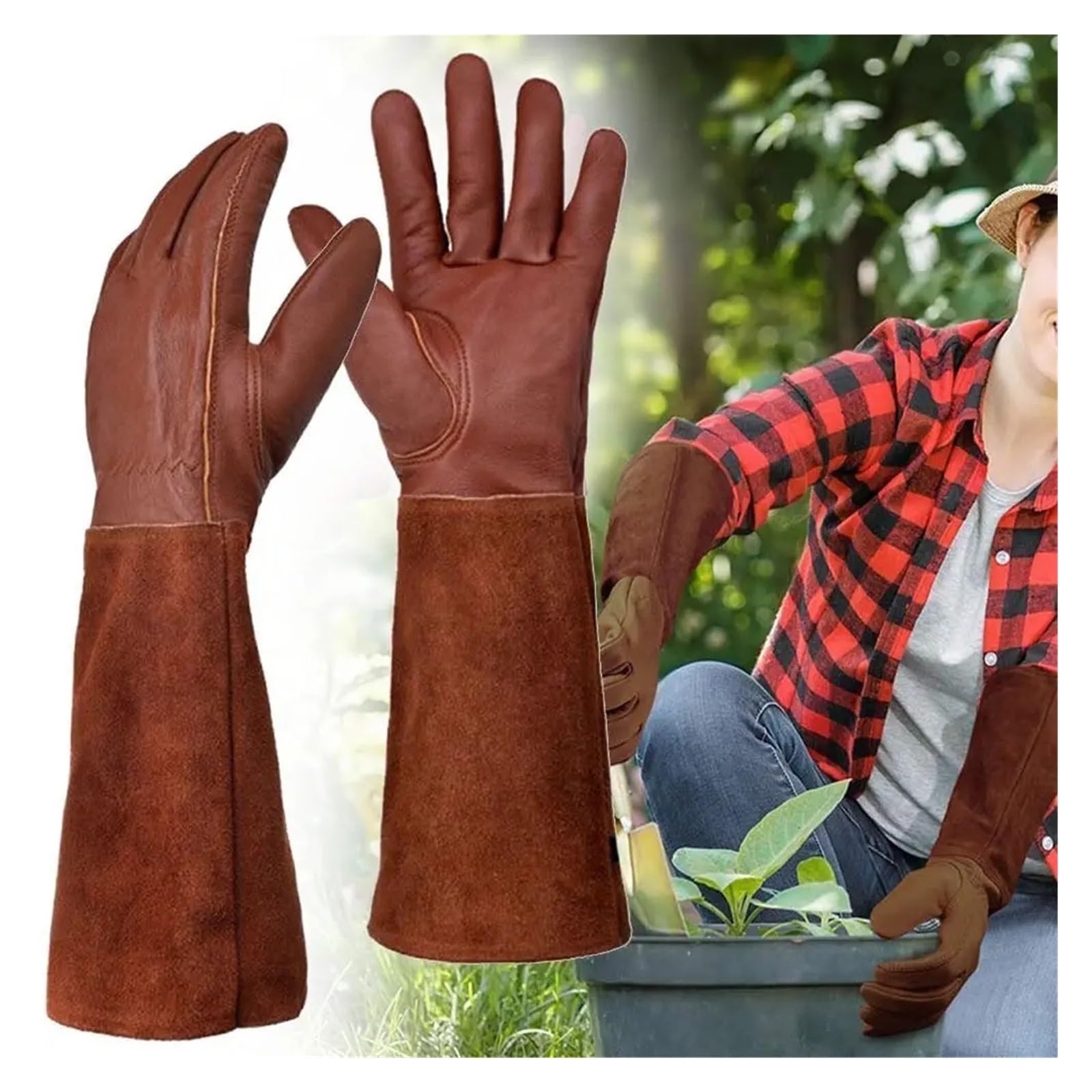 Guantes de jardinería de cuero de tubo largo for poda, varios tamaños(Medium)