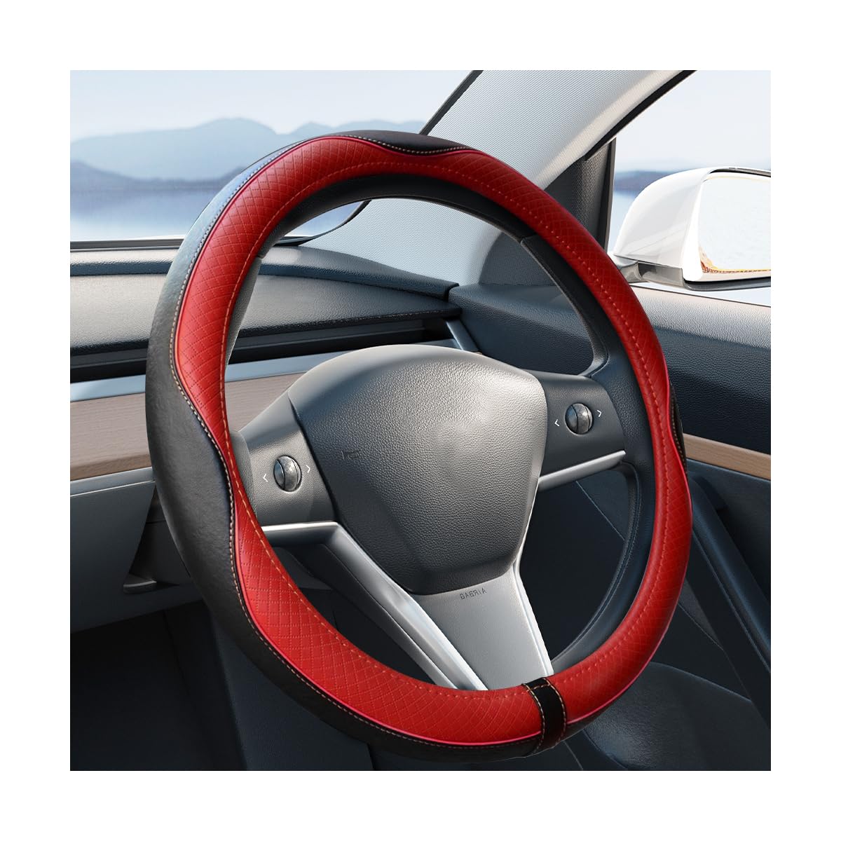 Car Steering Wheel Cover, 14.5-15" Leather Anti-Slip Sport Style Vehicle Steering Wheel Protector, Breathable Auto Interior Protection Accessories, Universal for SUV Van RV (Black/Red)