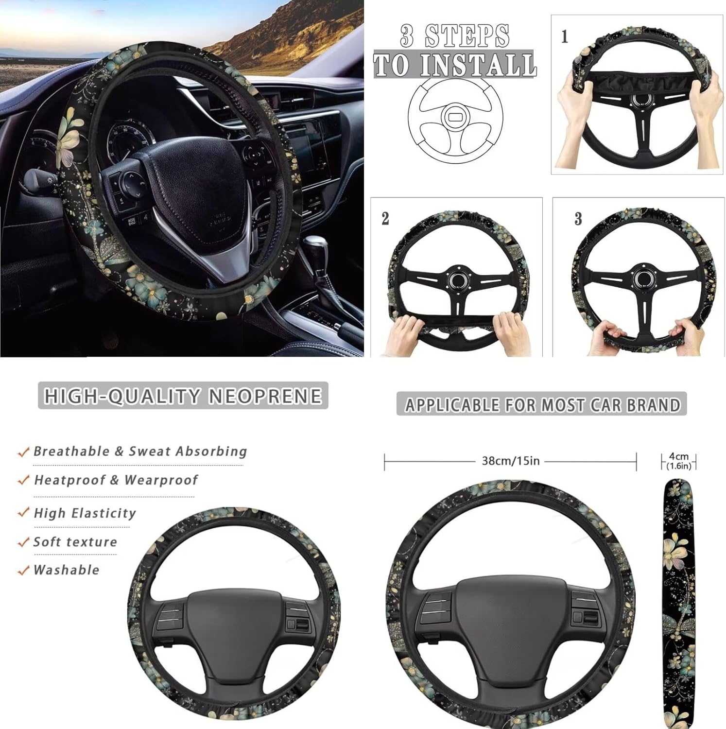 WELLFLYHOM Dragonfly Car Seat Covers Full Set 11 Pcs Black Car Accessories for Women Boho Floral Front Rear Seat Covers with Steering Wheel Covers Seatbelt Pads Car Keychain and Coaster