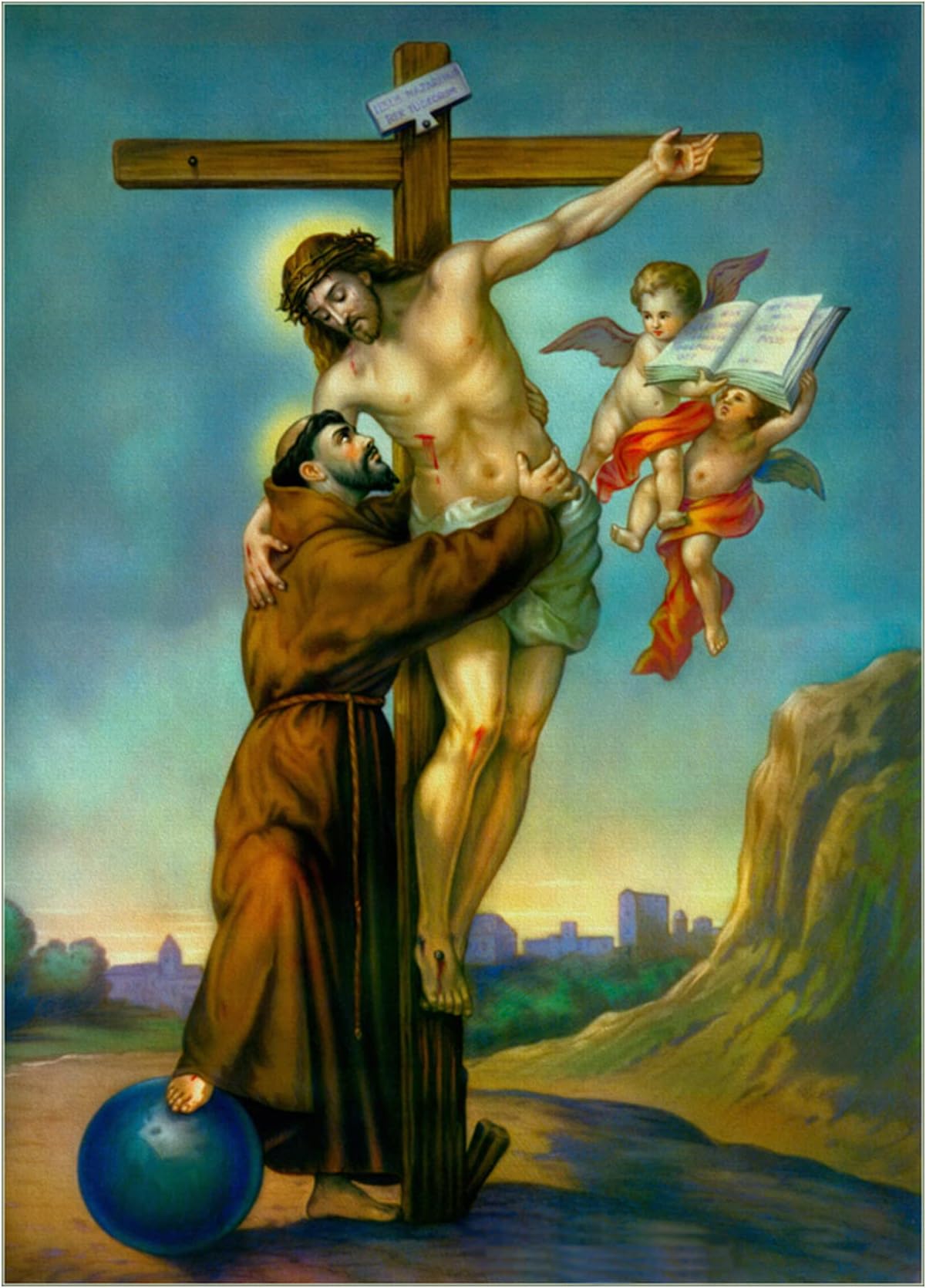 Jesus Christ on The Cross Embracing St. Francis of Assisi Bible Poster A3 Size
