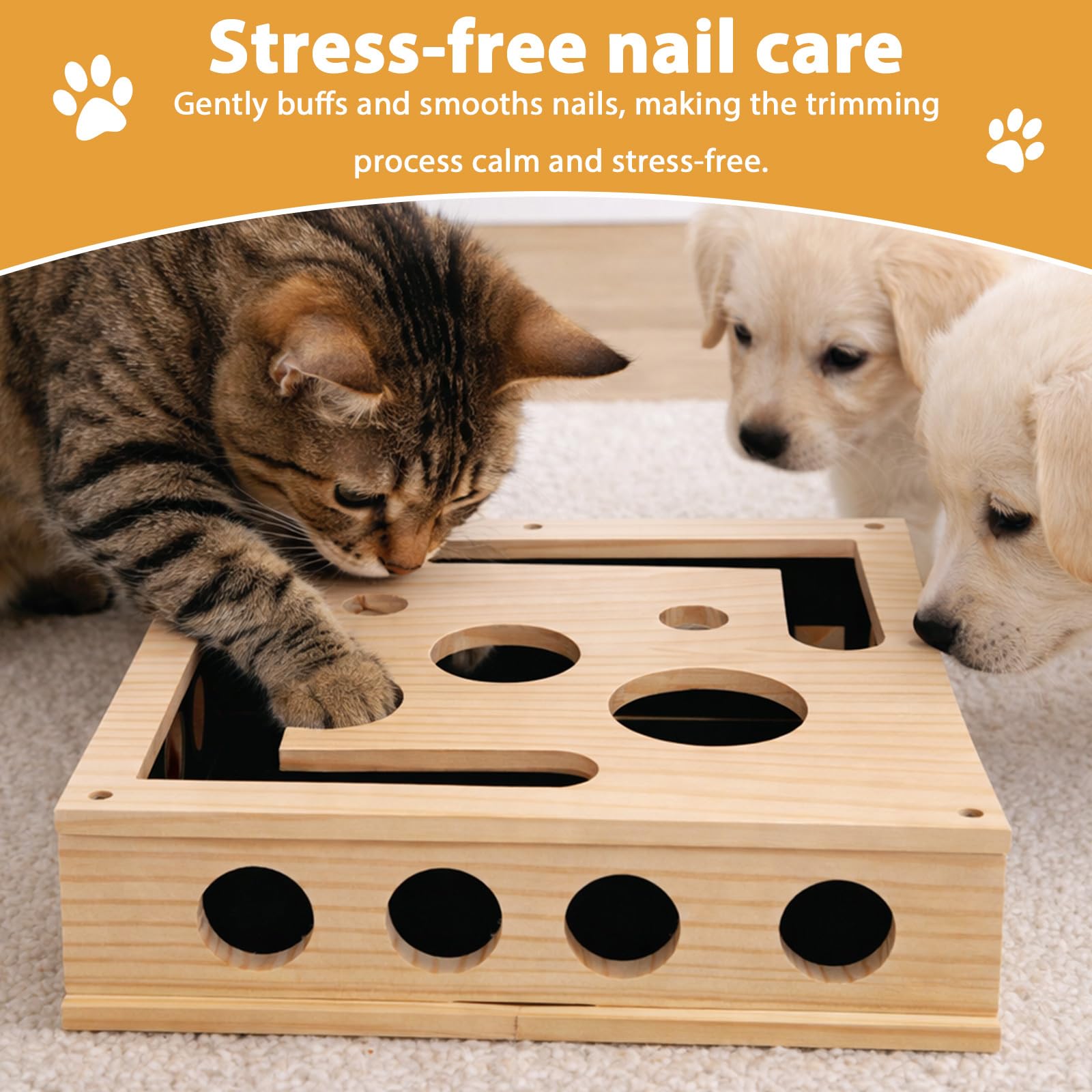 Caja de Enriquecimiento con Rompecabezas Rascar para Gatos con 3 Bolas de Cascabel, Lima Uñas Interactiva Madera para Gatos y Rascador Papel Lija en el Interior Lima Uñas Antiestrés
