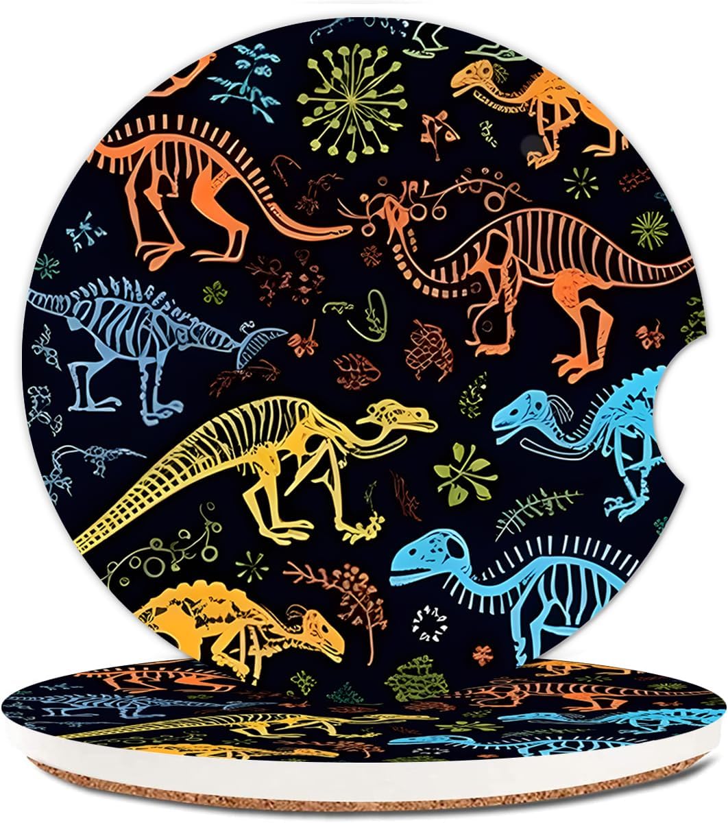 Ceramic Cup Holders Car Coasters for Women/Men,Cute Absorbent Drink Cup Car Holder Coasters with A Finger Notch 2.56" Pack of 2,Cartoon Dinosaurs