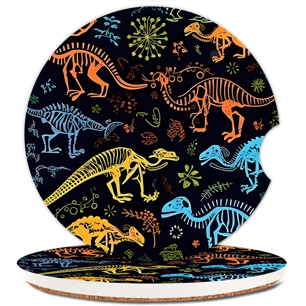 Ceramic Cup Holders Car Coasters for Women/Men,Cute Absorbent Drink Cup Car Holder Coasters with A Finger Notch 2.56" Pack of 2,Cartoon Dinosaurs