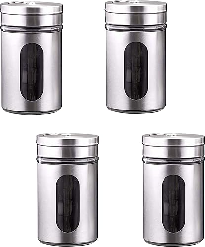 Juego de 4 saleros y pimenteros de vidrio de acero inoxidable con tapas, 3 onzas para almacenar sal y pimienta, especias y condimentos con ventana