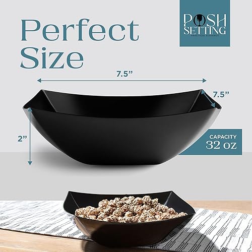 Miniatura 4 de Posh Setting - Tazones de plástico negro para servir (32 onzas  4 unidades) cuadrados, desechables, ensaladas y frutas para mesa de fiesta,