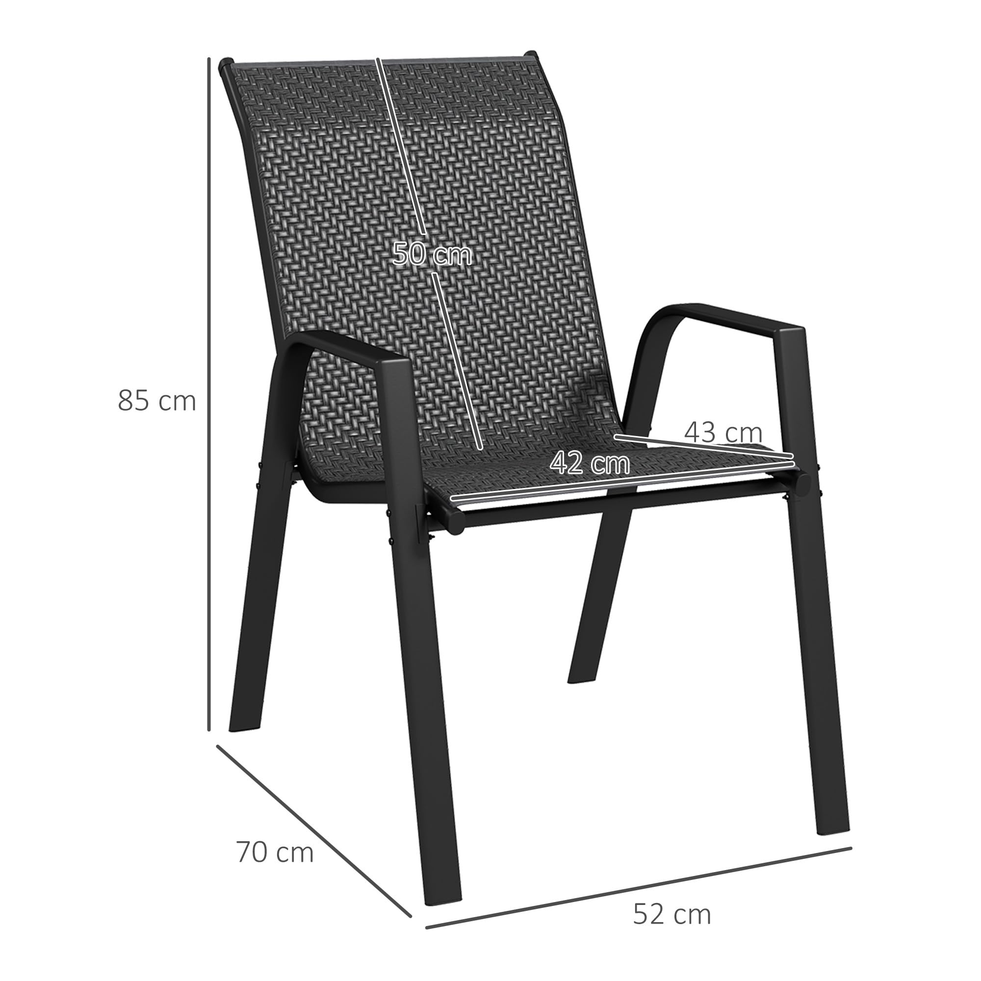 Outsunny Set 4 Sedie da Giardino Impilabili in Rattan PE e Acciaio Grigio | Sedie da Pranzo per Esterni con Braccioli