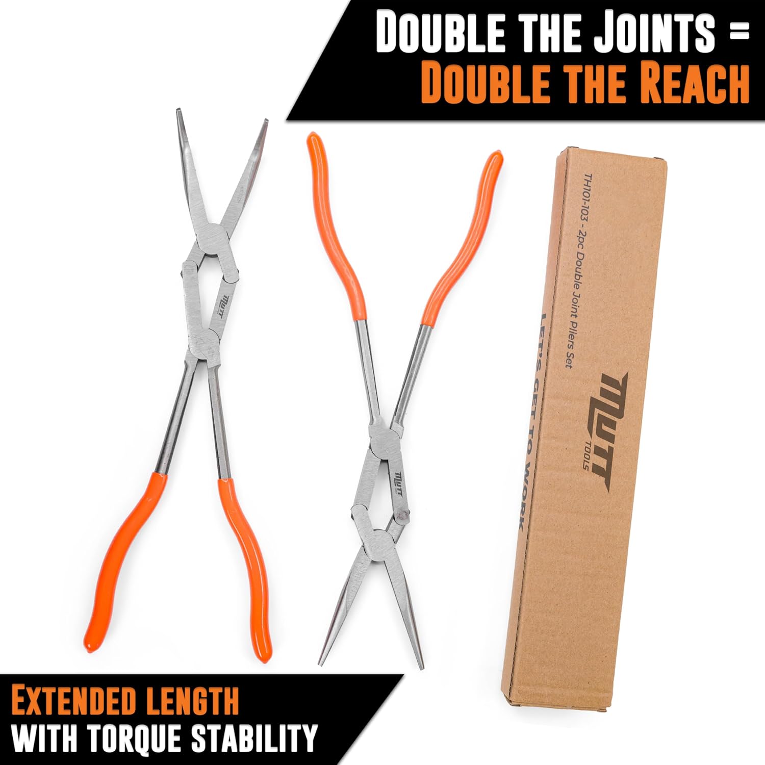 Mutt Tools 2pc 13" Extra Long Pliers Set – Needle Nose & 45° Bent Nose Pliers – Double Jointed Tools for Tight Spaces – Ideal for Automotive & Electrical Work