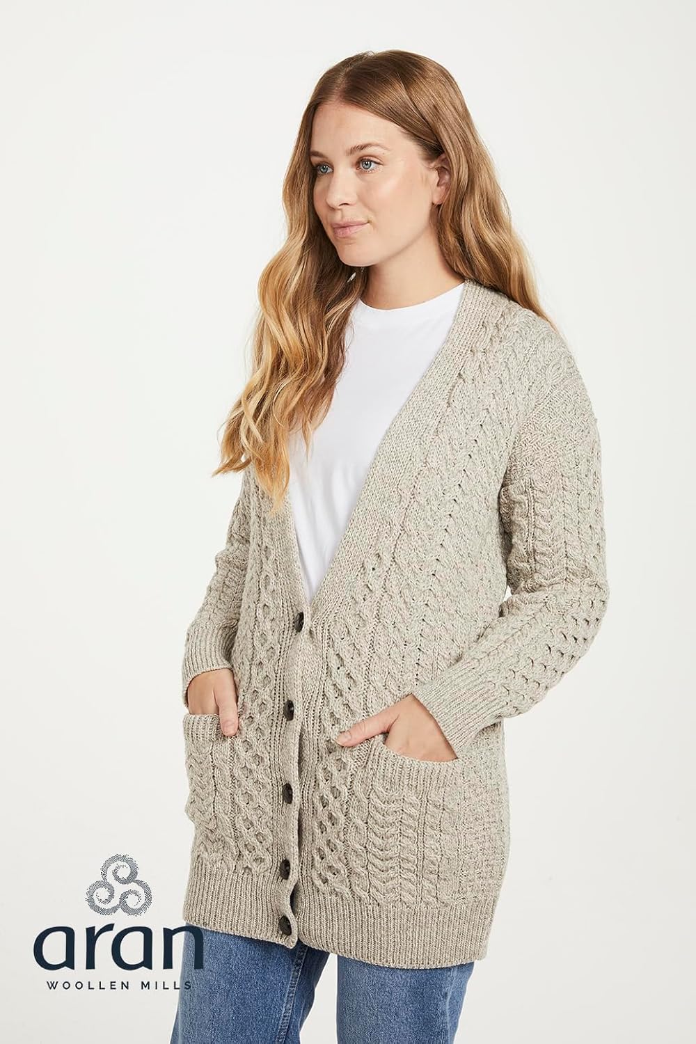 Aran Woollen Mills Ireland 100% Supersoft Merino Wool Boyfriend Cardigan Long Sleeve for Women