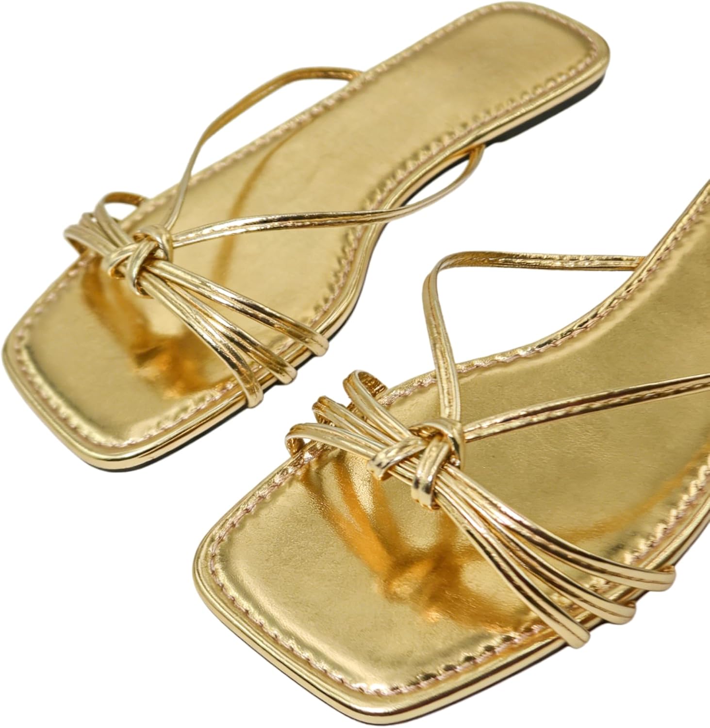 Women's Gold Flat Sandals 2026 Summer Cute Beach Square Toe Dressy Comfortable Slide Shoes