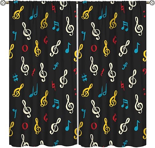 Cortinas de notas musicales, inspiración melódica colorida, diseño de ritmo de estilo de vida musical, bolsillo para barra, cortinas opacas para