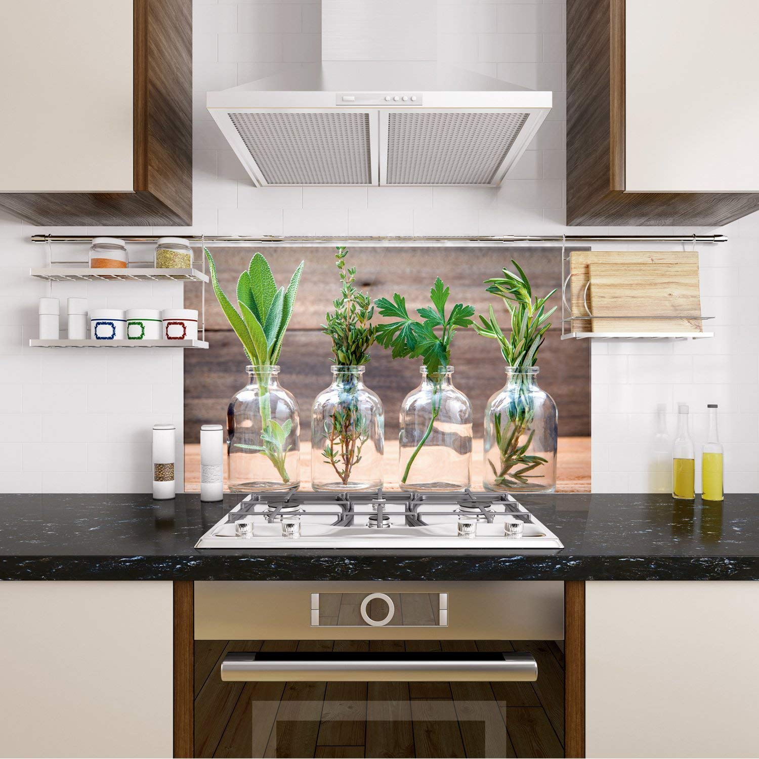 GRAZDesign Küchenrückwand Glas Kräuter im Glas Spritzschutz Herd | Druck hinter Glas | Bild Motiv Gewürze Rückwand Küche, Glasplatte mit Motiv, 60x60cm