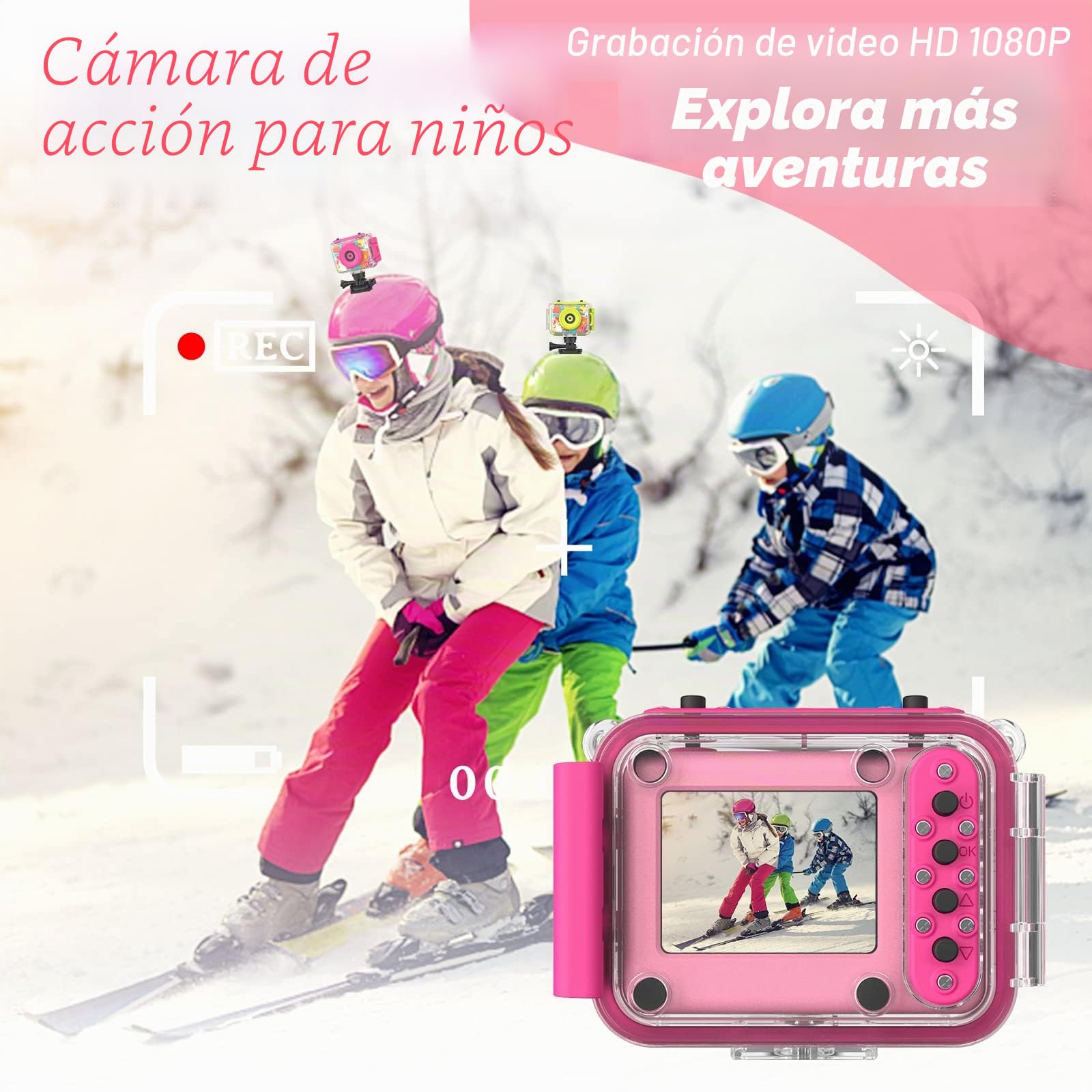 Ushining Cámara Fotos Infantil Impermeable, 12MP HD 1080P Videocámara de Acción Subacuática para Niños con Pantalla de 2,0 Pulgadas, Tarjeta 32GB TF, Regalo 3-12 Años, Rosa