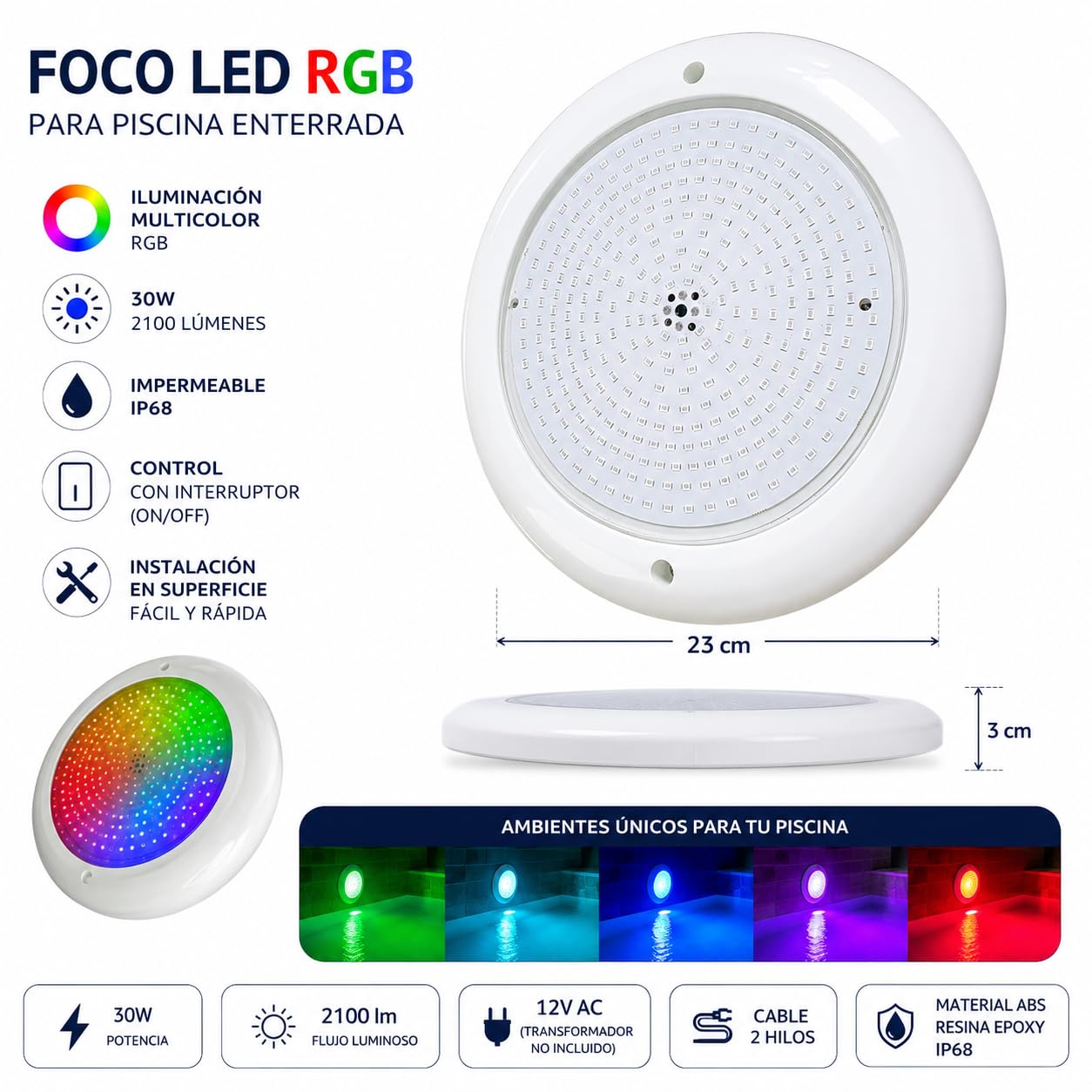 Spot LED pour piscine en fibre 30 W extra plat AC/DC, lumière submersible, RGB (2 ou 4 fils) ou blanc, garnissage en résine sans air (RGB ON/OFF (2 fils)