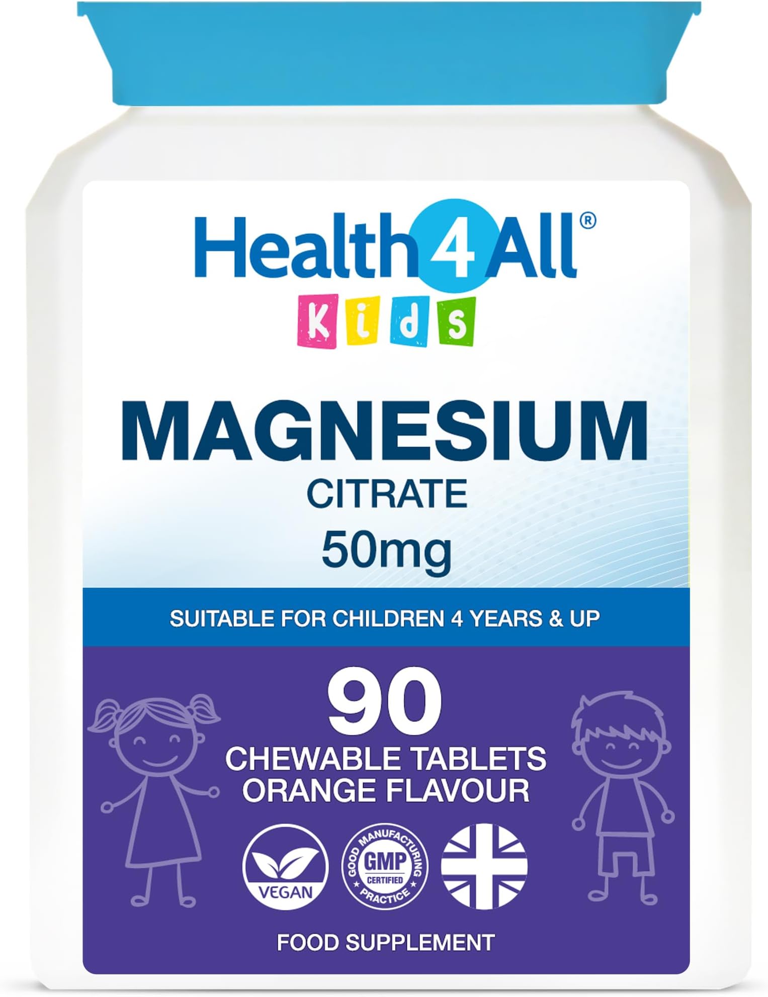 Health4All Kids Magnesium 90 Chewable Tablets for Anxiety, Sleep, Ticks. Tasty Orange Chewable Magnesium Supplement for Children 4+, Vegan, Sugar-Free | Made in UK | Alternative to Glycinate Gummies