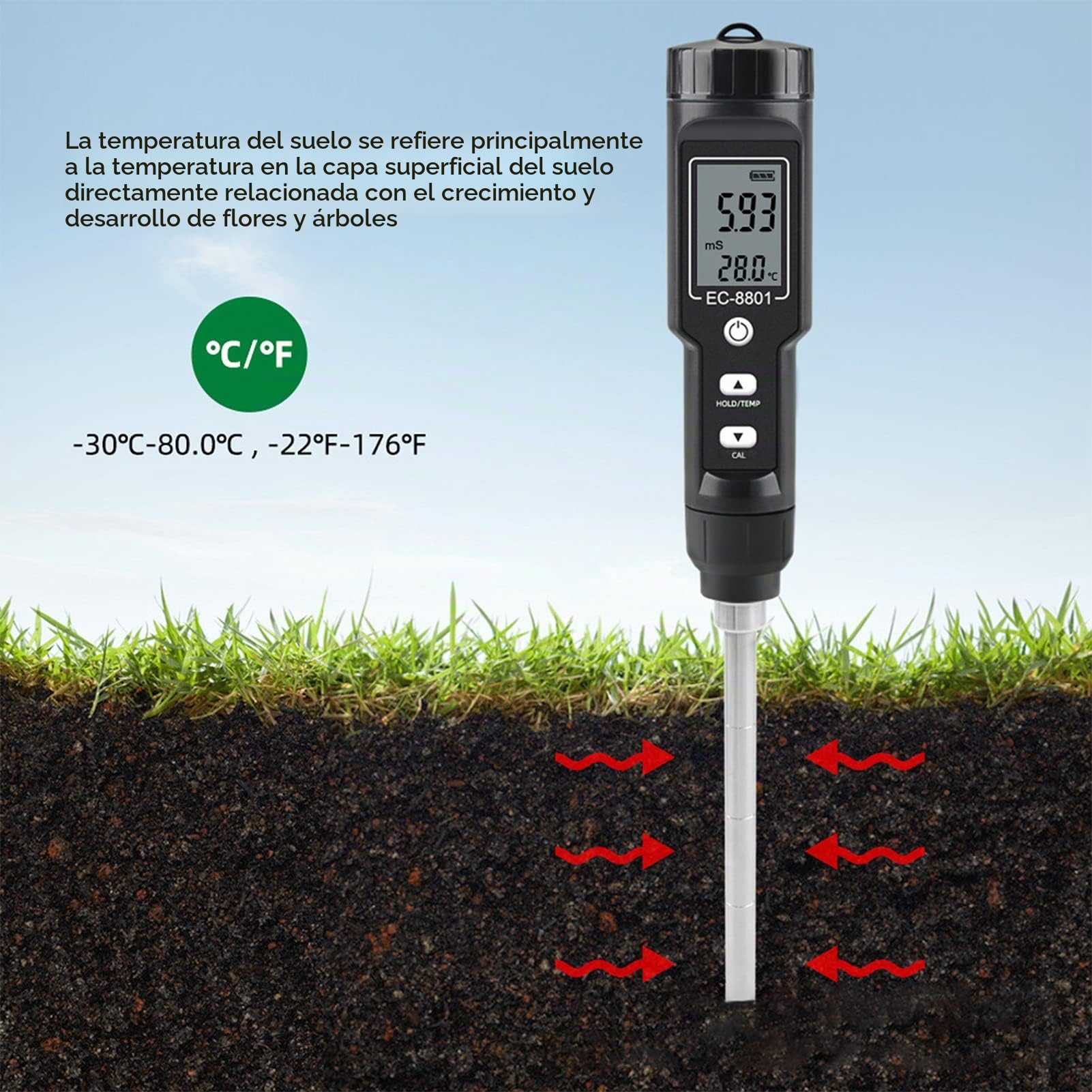 Medidor de EC de suelo directo digital Probador de temperatura de conductividad eléctrica Detector de fertilidad de nutrientes del suelo para flores Hierba Planta Jardín Granja Césped