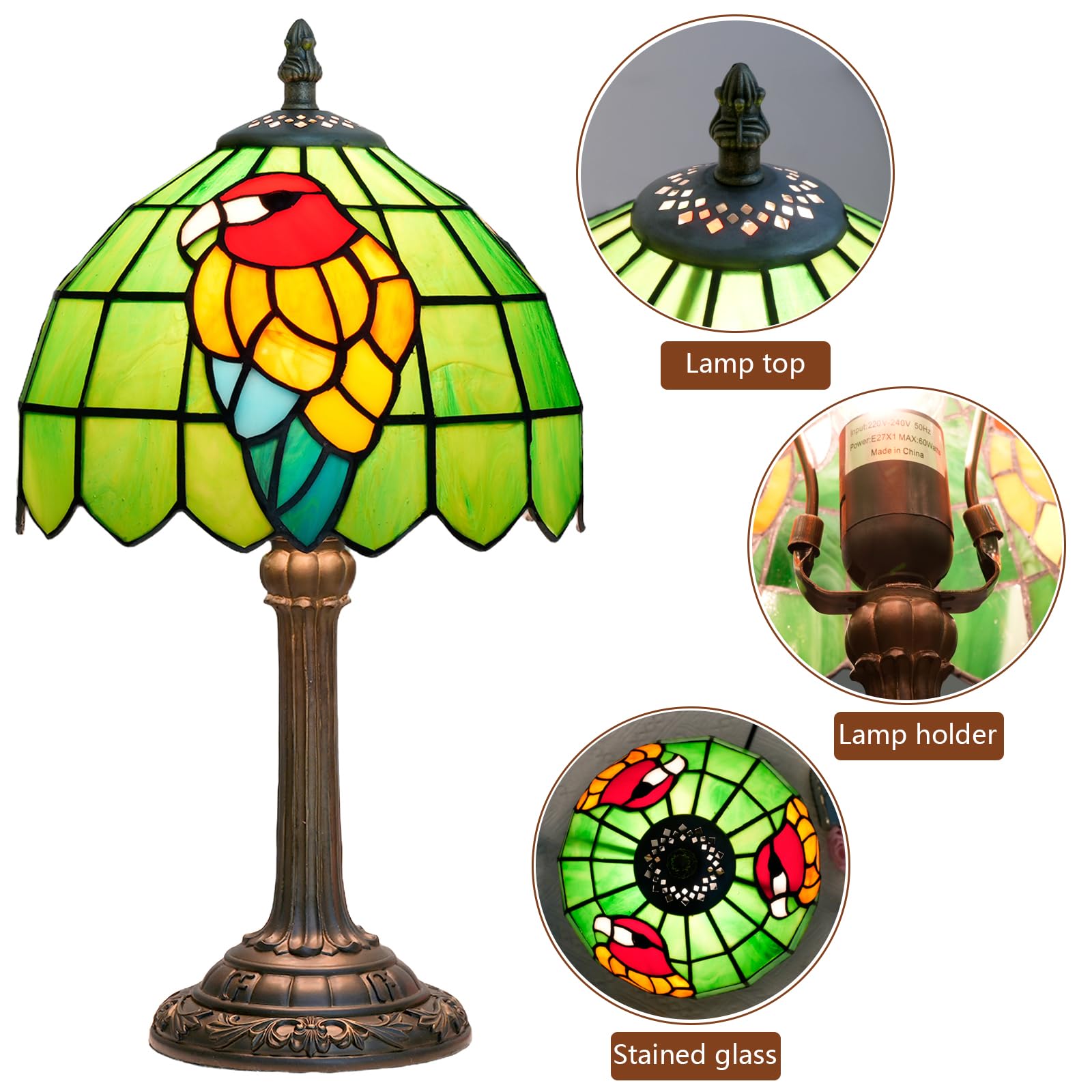 Papuga Tiffany Lampa stołowa z zielonym witrażem Sypialnia Lampka nocna do czytania Lampka biurkowa do domu Biuro Dormitorium Bar Udekoruj