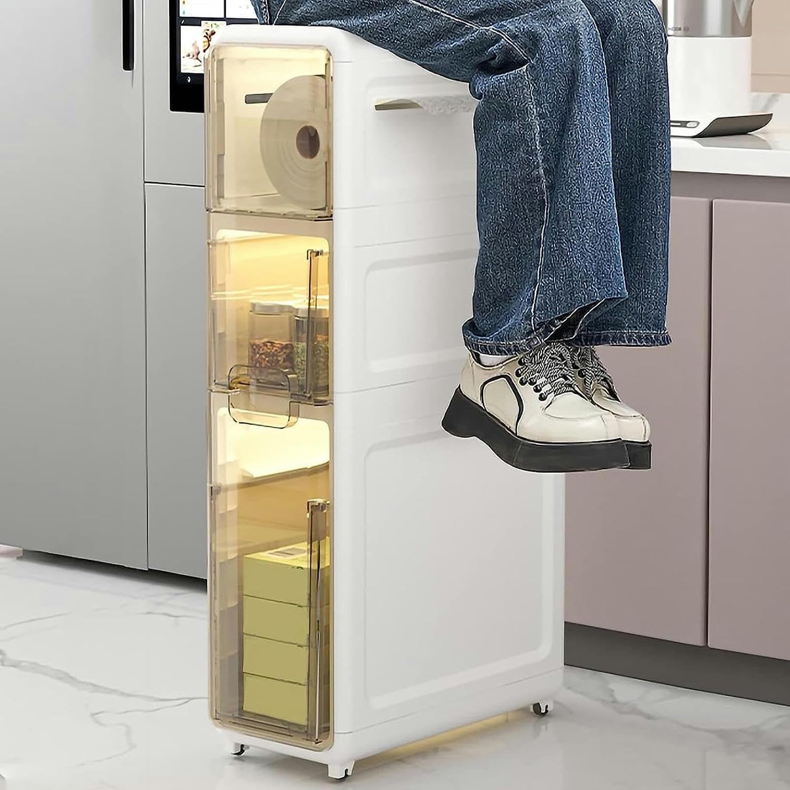 Mobiletto Bagno Con Ruote - 2 Cassetti E Ripiano, Design Salvaspazio 16x49.5x66cm Bianco - Foto 6