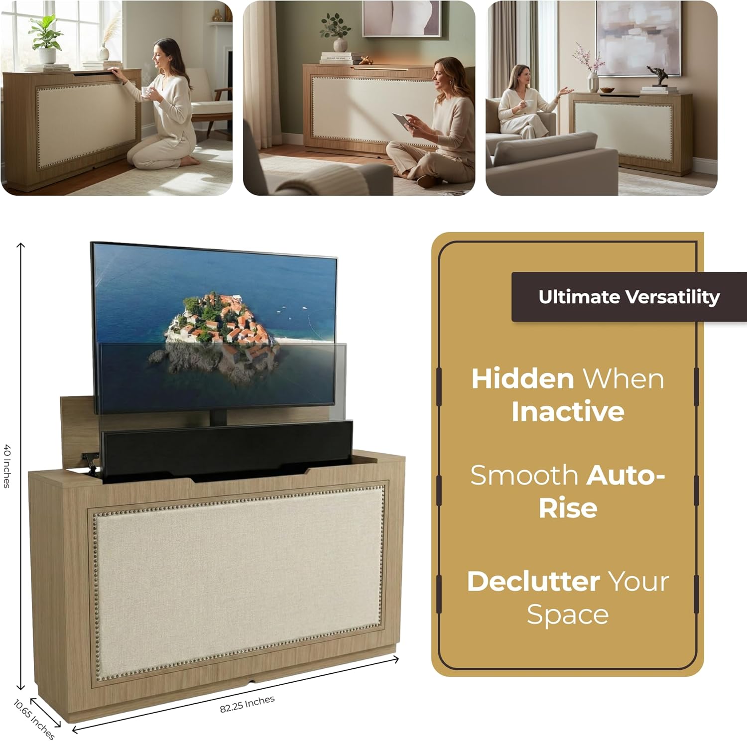 Melodita Brown TV Lift Cabinet, Motorized Flat Screen TV Cabinet with Hidden Storage & Remote-Controlled Lift, Fits up to 55” TVs, Wood Finish (Light Brown, Queen)