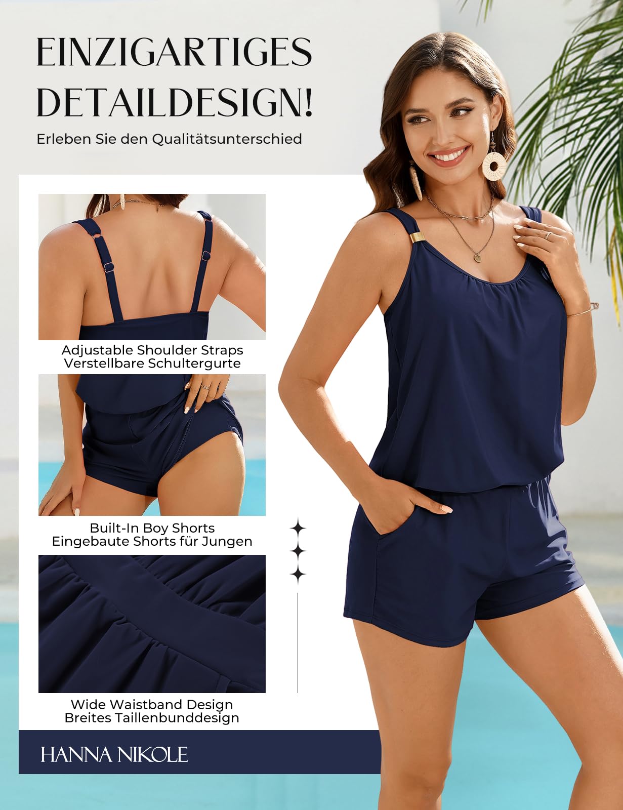Hanna Nikole Pagliaccetto da donna sportivo, costume da bagno intero push up con pantaloncini, pantaloncini boyleg con tasche, mokini 2026