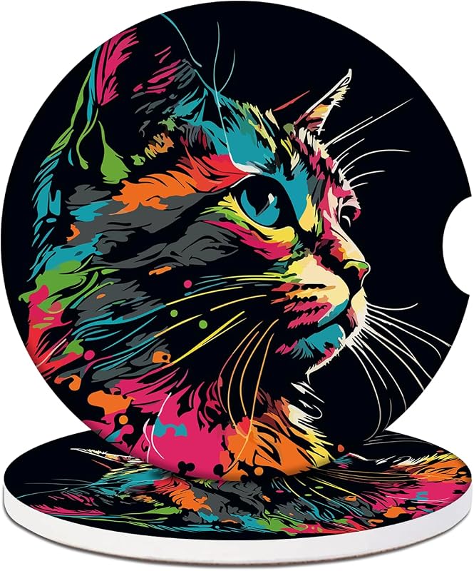 Porta-copos automotivo de cerâmica com estampa Gato Colorido e base de cortiça KEATOU, 2 unidades