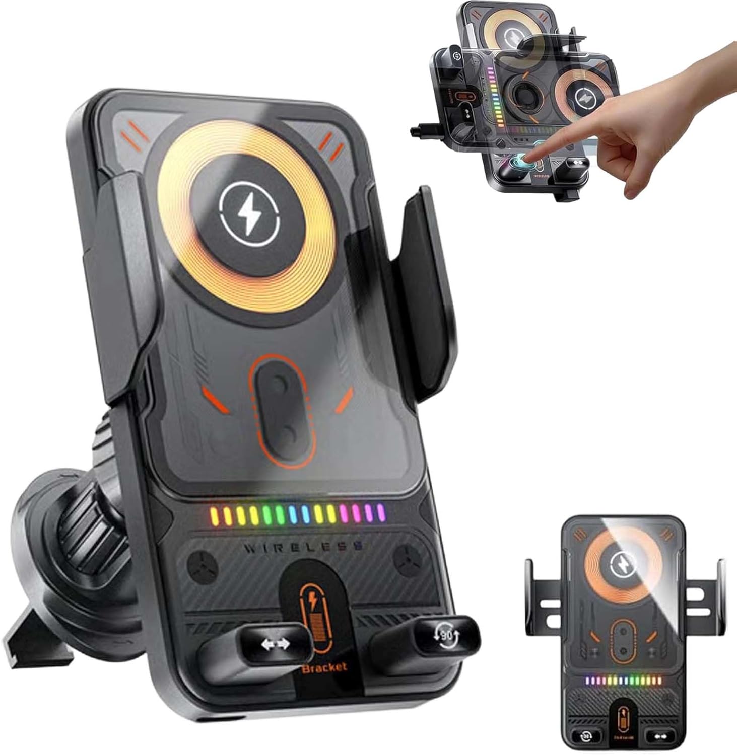 Cool Car Wireless Fast Charging Holder,Auto-Clamping Wireless Car Charger Mount with Motorized 90° Rotation,Smart Sensor Air Vent Holder with RGB Light,Universal Phone Holders Cars Charger (Black)