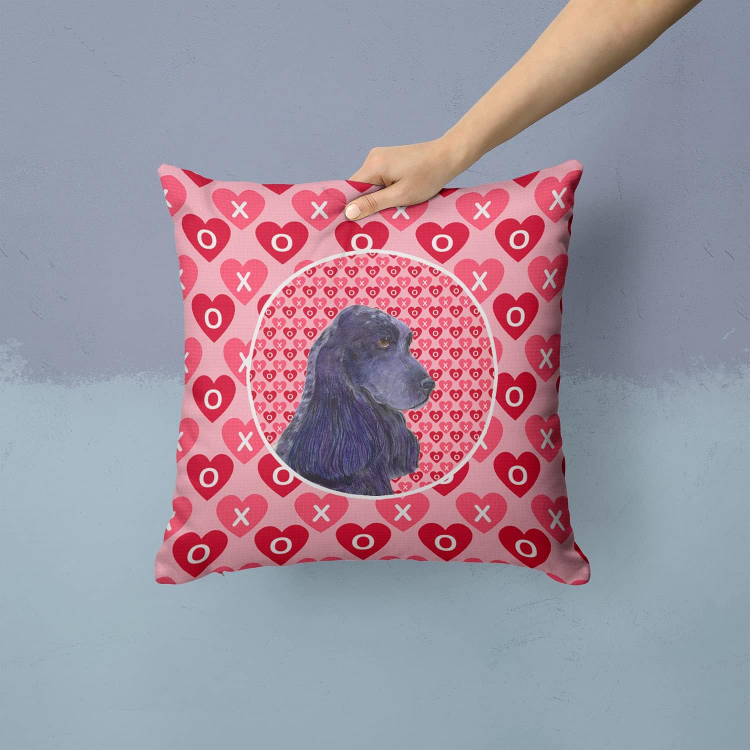 Caroline's Treasures SS4471PW1414 Black Cocker Spaniel Hearts Love Valentine's Day Fabric Decorative Pillow Machine Washable, Indoor Outdoor Decorative Pillow for Couch, Bed or Patio, 14Hx14W