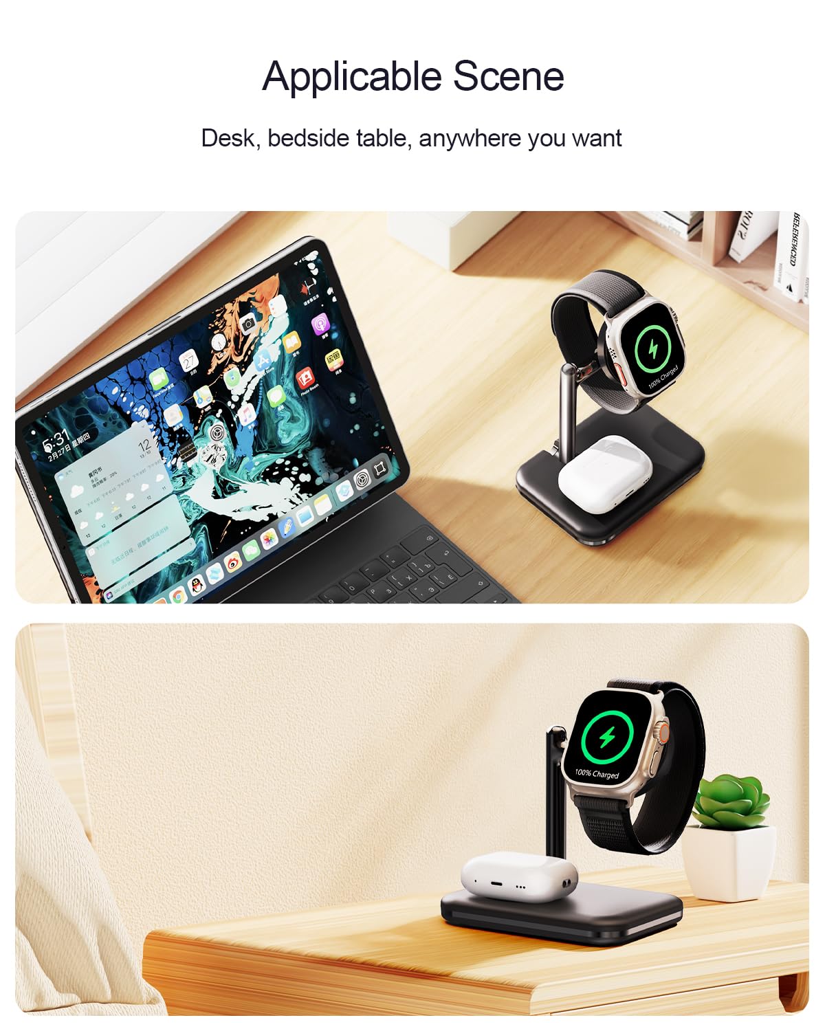 MAKAQI 2 in 1 Charger Stand for Apple Watch and AirPods, Foldable Watch Charging Dock Compatible with Apple Watch Series Ultra/9/8/7/6/Se/5/4/3 & Airpods Pro/3/2/1