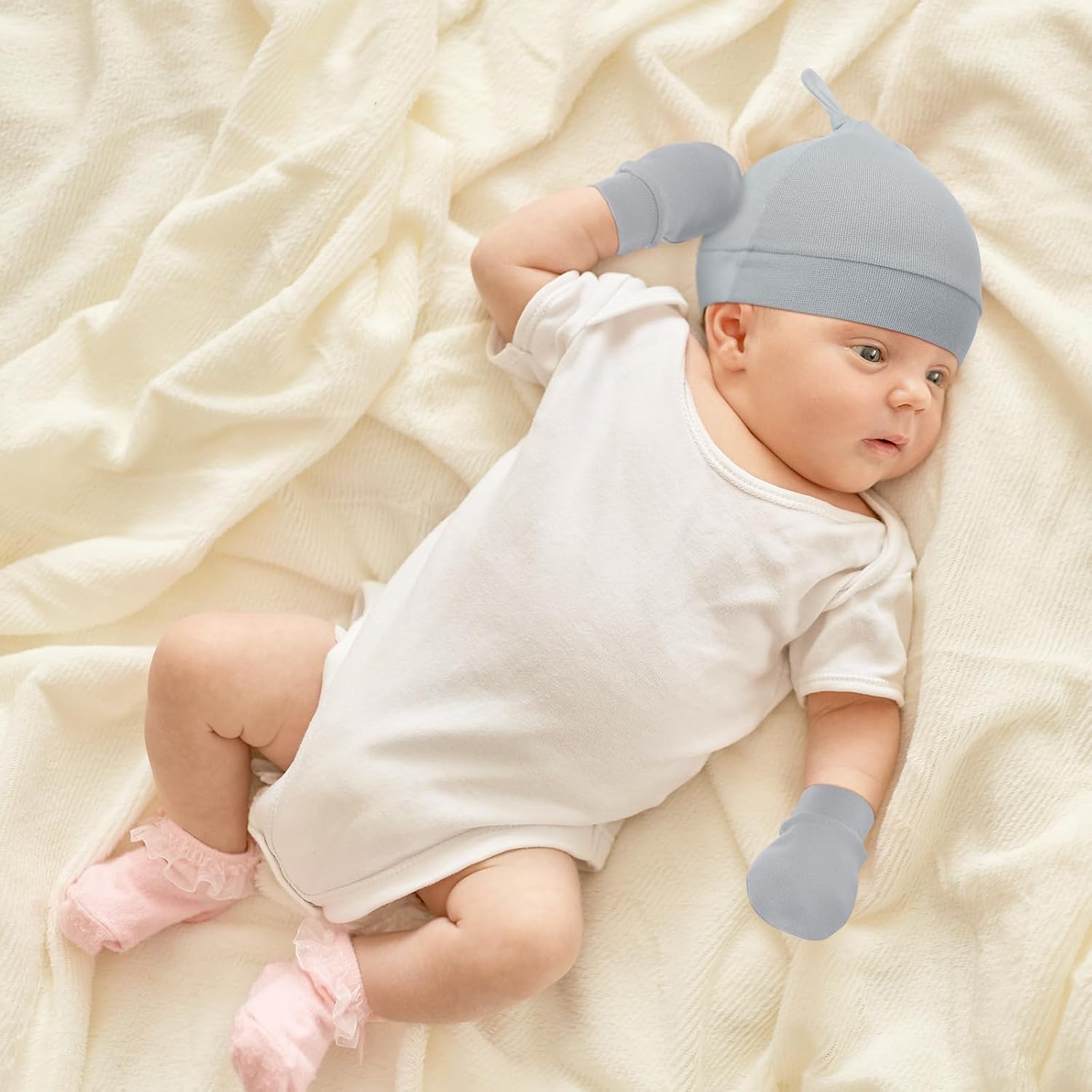 Hercicy 10 Set Newborn Baby Mitten and Hat Set Knot Newborn Beanie with Baby Mittens Cap for Hospital Infant Boy Girls Unisex Preemie Toddler 0-6 Months