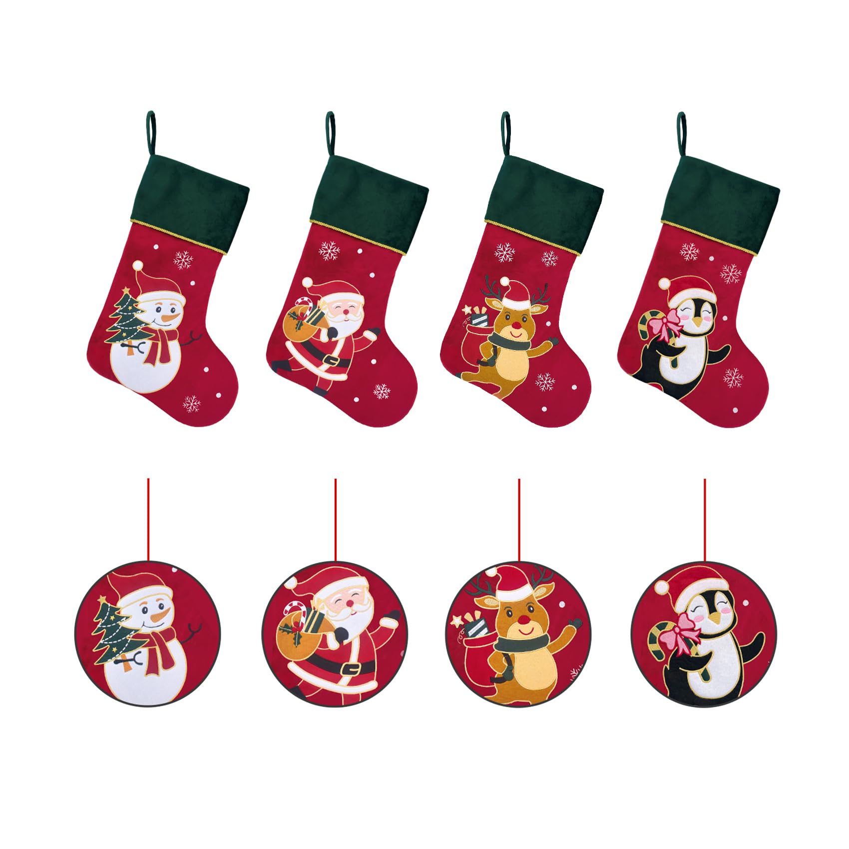 Calze di Natale, confezione da 4 calze natalizie in velluto rosso con polsino verde, grandi calze di Natale di lusso per decorazioni per le vacanze in famiglia
