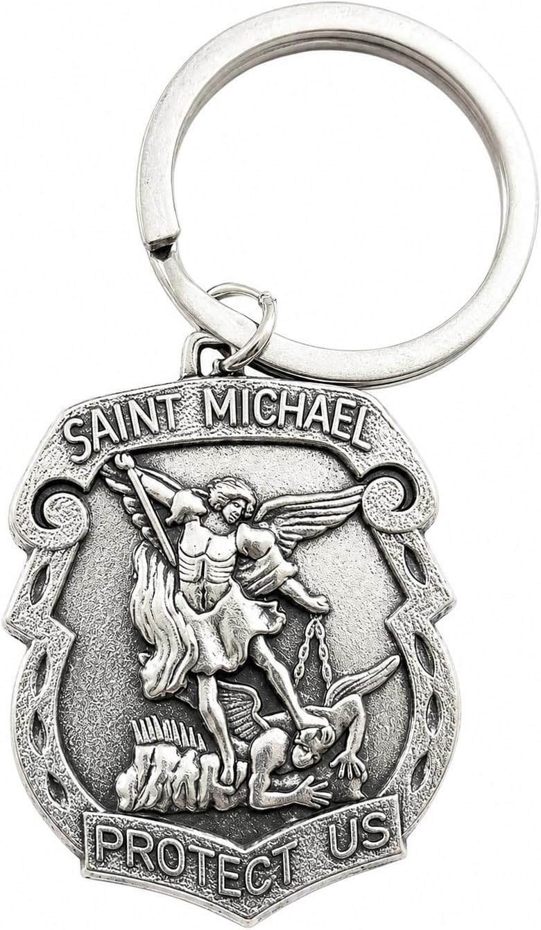 Westmon Works Police Keychain Gift Set Metal St Michael Badge Key Ring with Made in the USA Holy Card