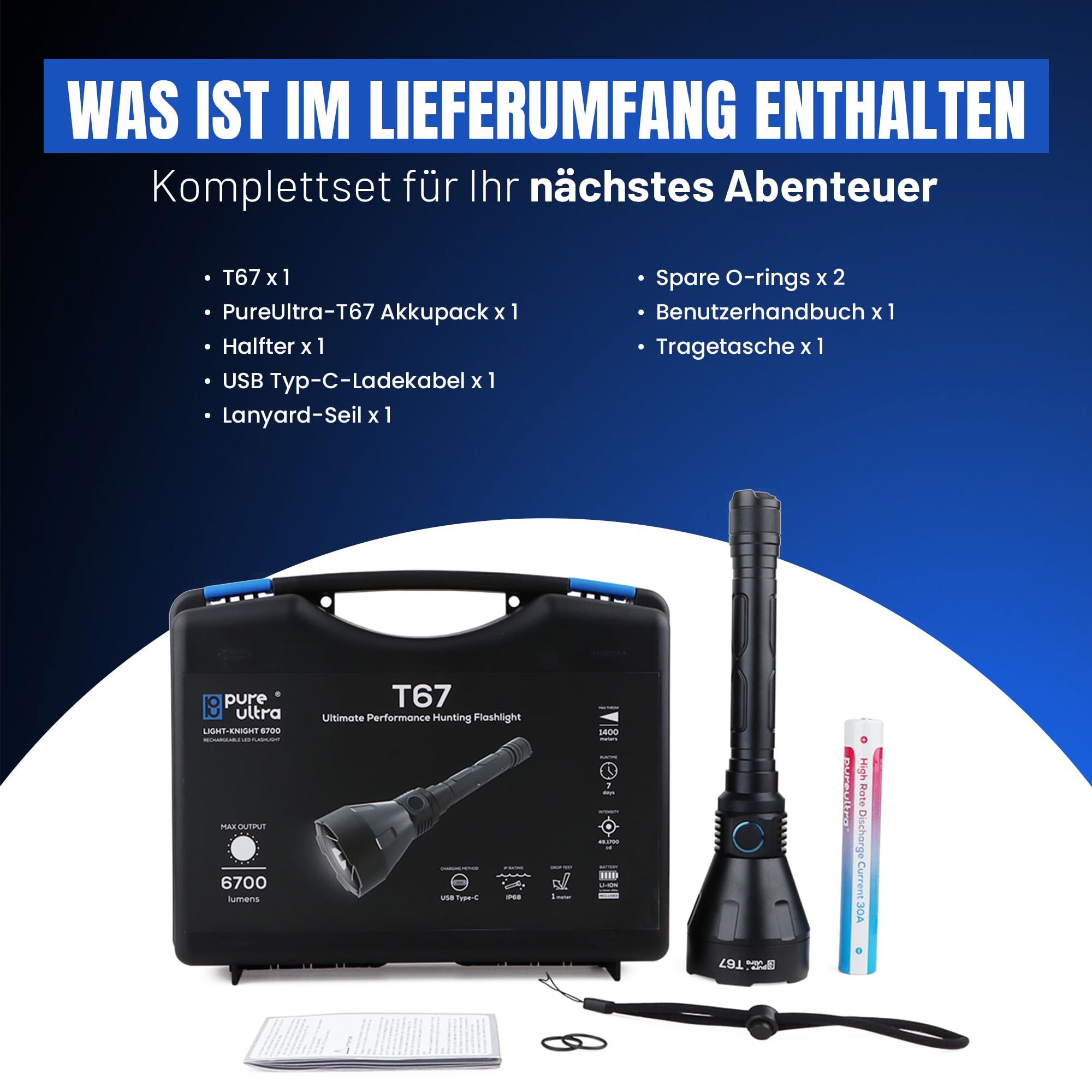Lampe de poche LED T67 - Ultra lumineuse 6700 lumens, portée de 1400 m, charge rapide USB-C, étanchéité IP68, design robuste, parfait pour les aventures en plein air (kit de base)