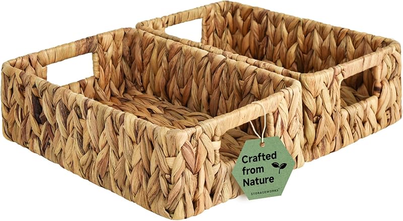 StorageWorks Small Wicker Baskets for Shelves, Shallow Baskets, 2-Pack