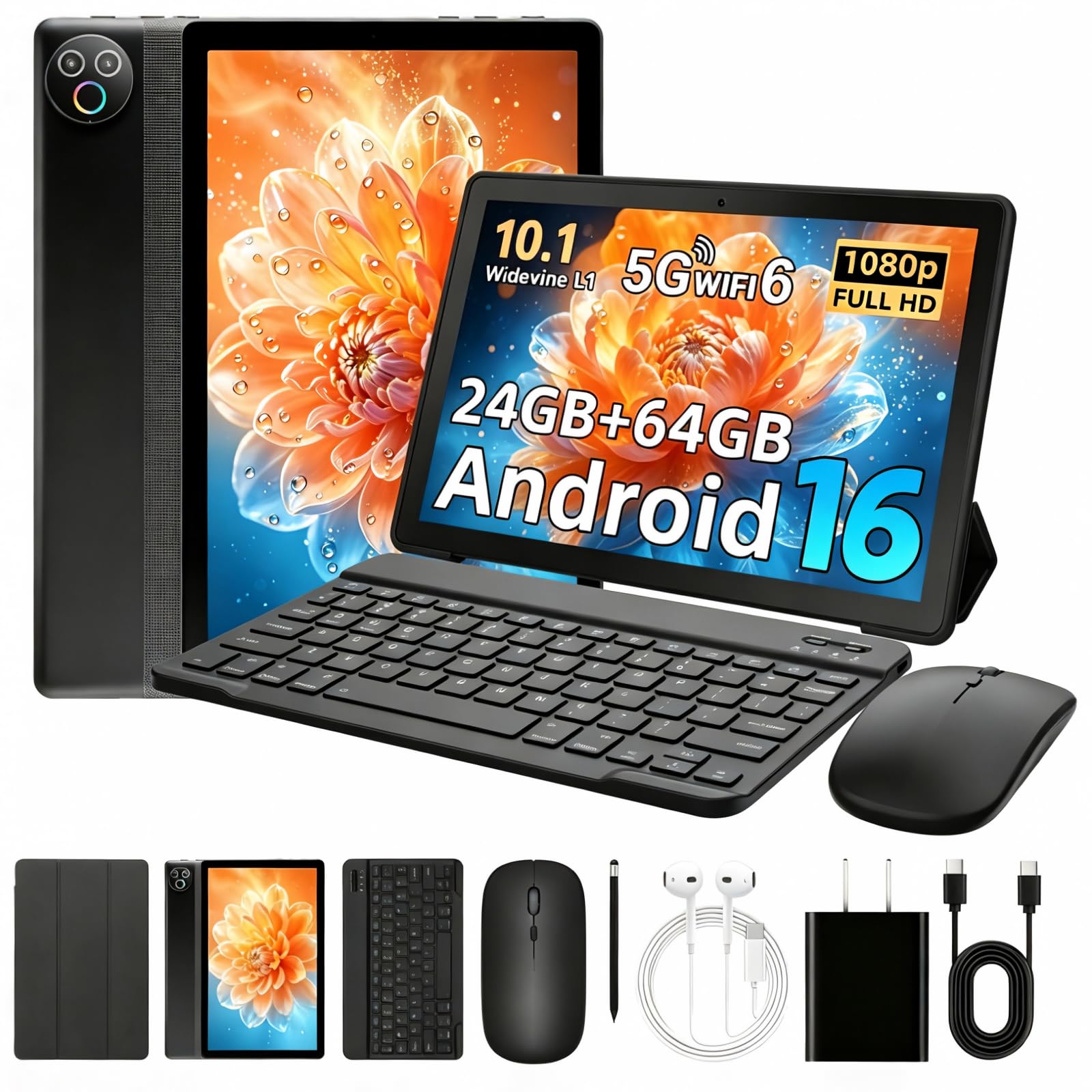 MUISOO Android 16 Tablet, 10 inch Tablet, Android Tablets with Pen Case Keyboard Mouse Earphone, 24GB RAM+64GB ROM (TF 1TB), 6000mAh, WiFi 6, BT5.4, Dual Cameras & Speakers, Black