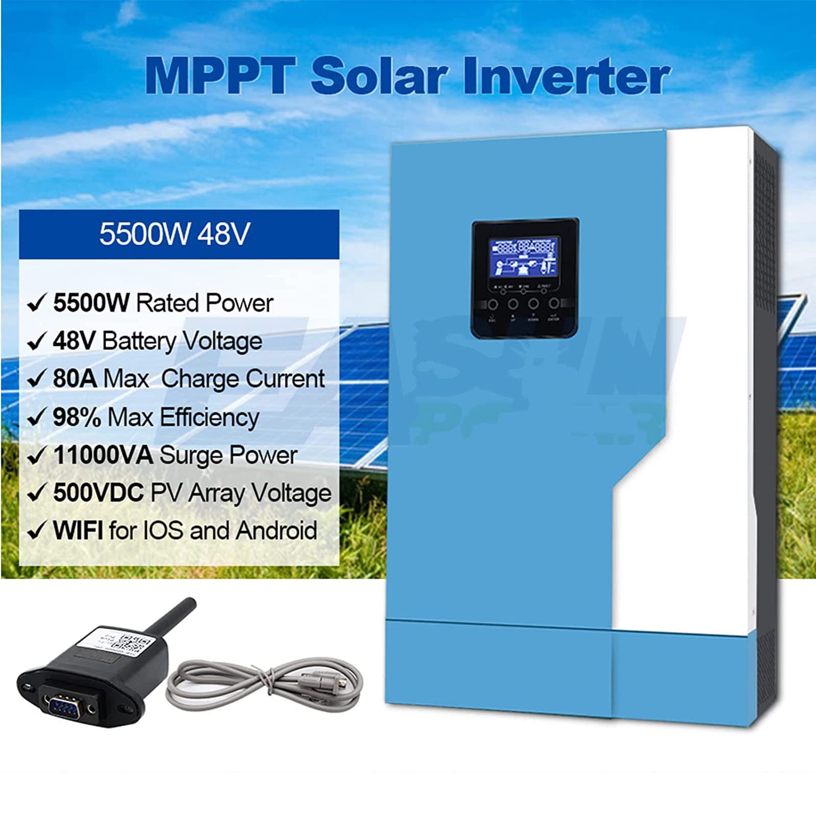 5500w Off Grid Inwerter z czystą falą sinusoidalną 100a Kontroler ładowania słonecznego, Hybrydowy falownik solarny 48V 230VAC Może być podłączony do WIFI/USB/RS232/GPRS