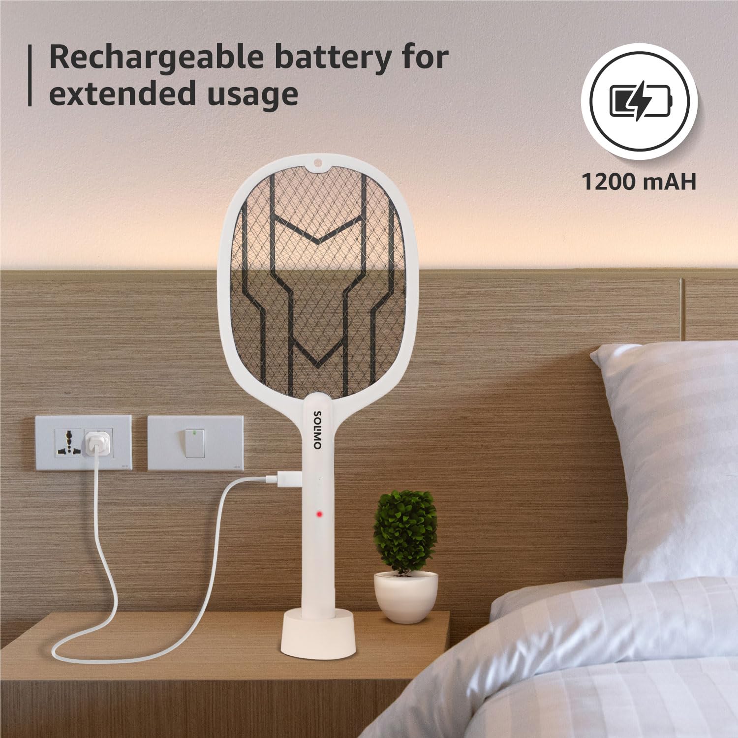 Amazon Brand - Solimo Anti Mosquito Racquet with Base Stand | Rechargeable Electric Fly Swatter | Handheld Bug Zapper Bat | 1200 mAH Li-ion Battery | USB Charging, White Grey 3