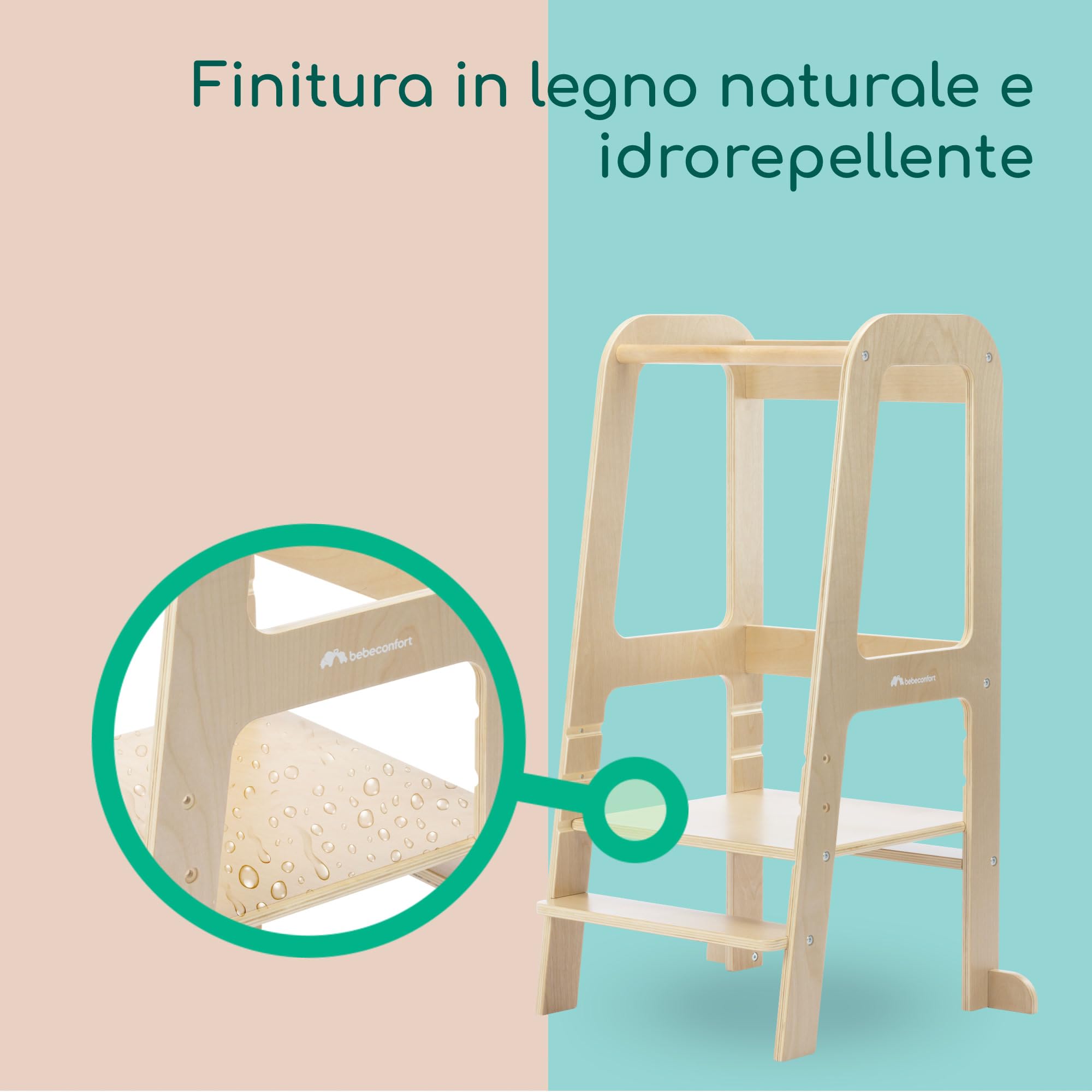Bebeconfort Hoya, Torre Montessoriana Bambini e Bimbi Piccoli, 1,5-6 anni (10-30 kg), 3 Altezze Regolabili, Sicurezza Certificata, Torre di Apprendimento in Legno 6,2 kg, Design Durevole, Natural Wood