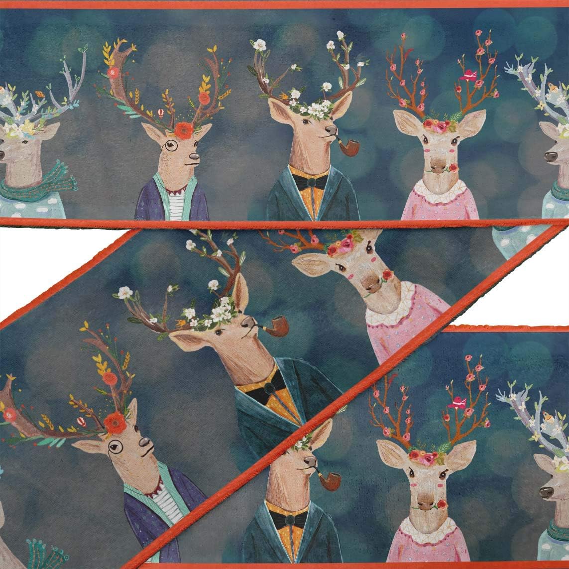 IBA Indianbeautifulart Blue Dot & Reindeer Face Funny Character Printed Ribbon Trim 9 Yards Velvet Fabric Laces for Crafts Sewing Accessories 4 Inches