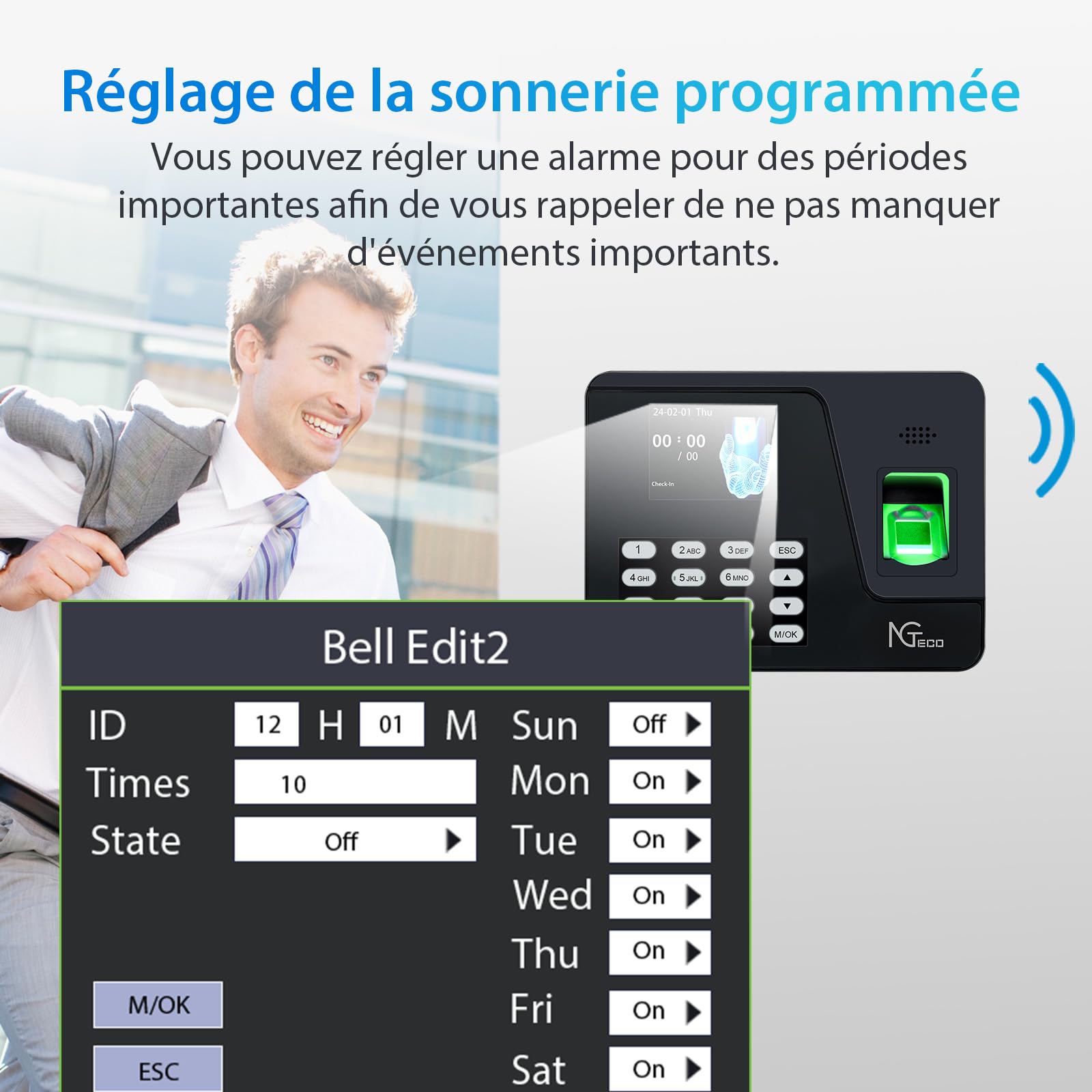 NGTeco Pointeuse Horaire Personnel pour Les organisations de Moins de 1000 employés, avec calcul Automatique, Horloge biométrique à Empreintes digitales AS10 avec USB 8 GB (Français)
