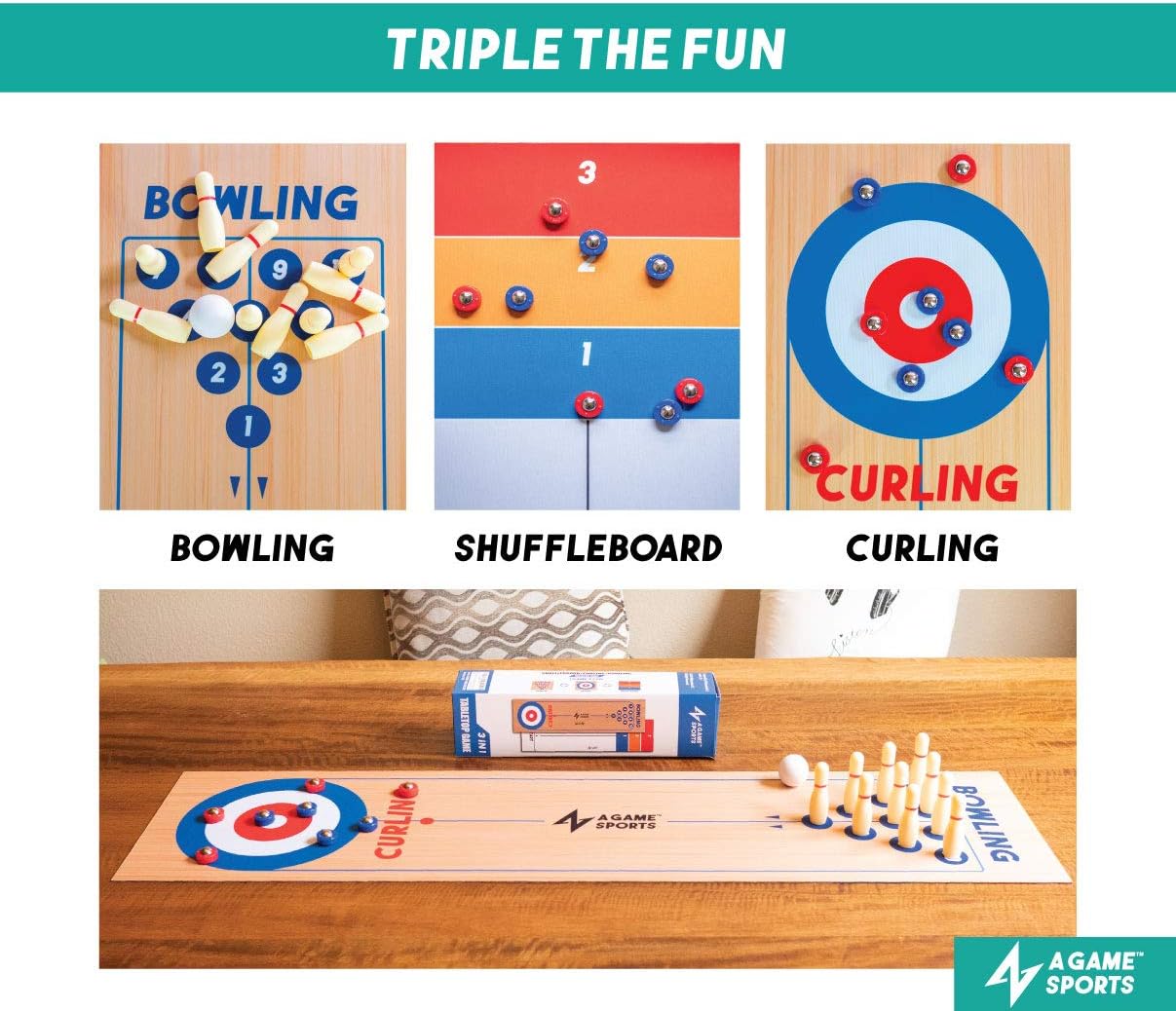 A Game Sports 3 in 1 Table Top Shuffleboard, Curling Game and Bowling Set (10” x 40”)| Portable Family Games for Indoor and Outdoor Fun : Sports & Outdoors
